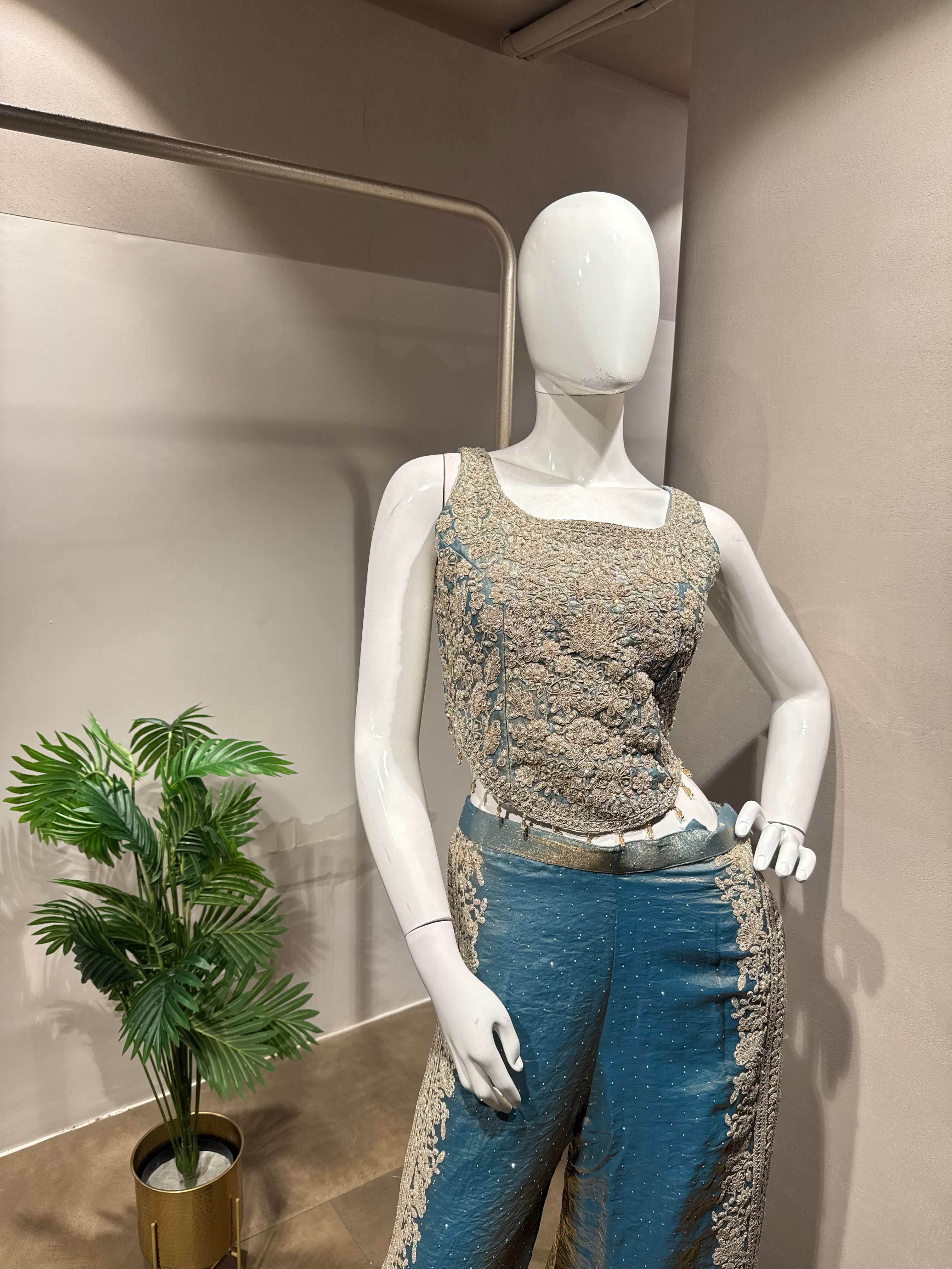 Blue golden Embroidered Tissue palazzo Set