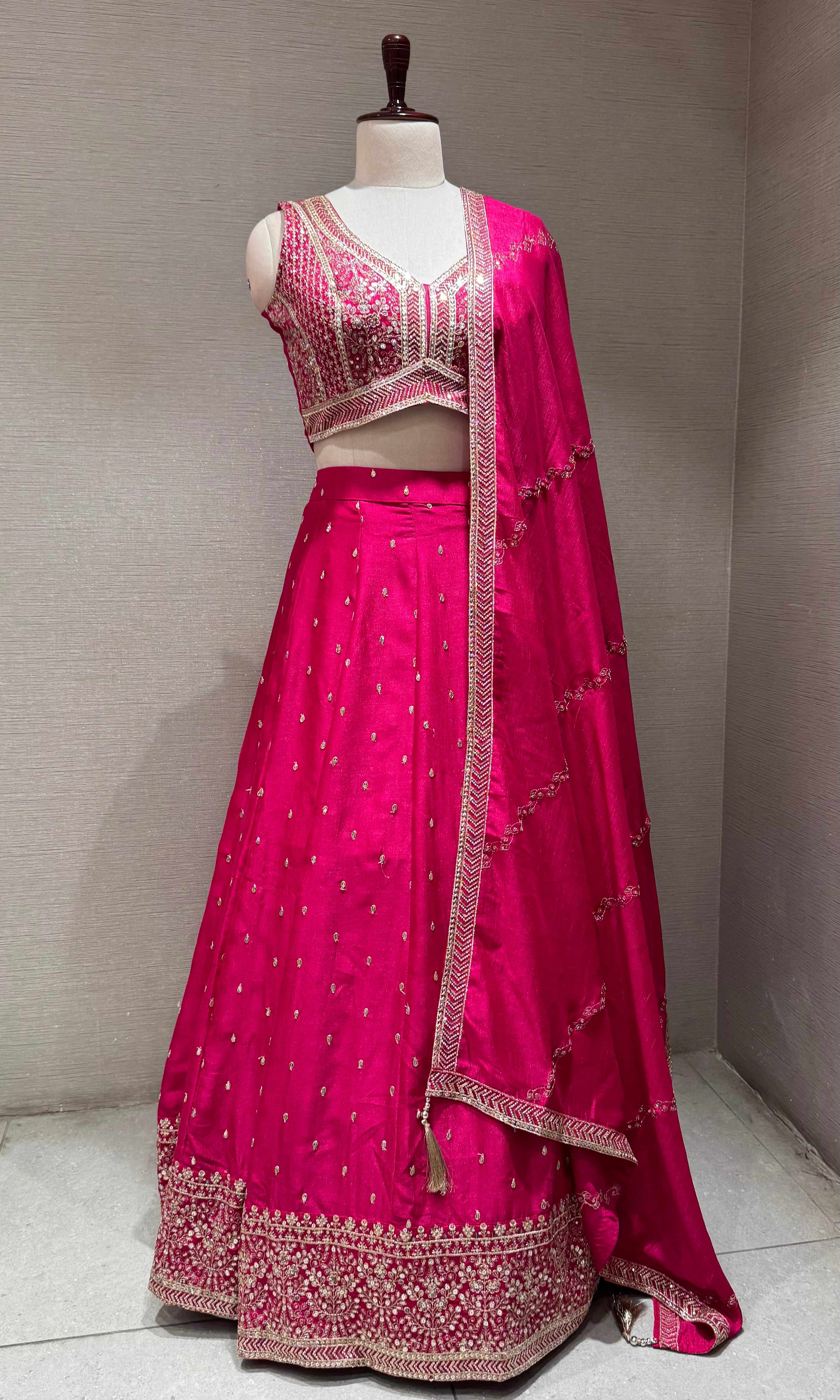 Bright Pink Silk Lehenga set with Gold Border