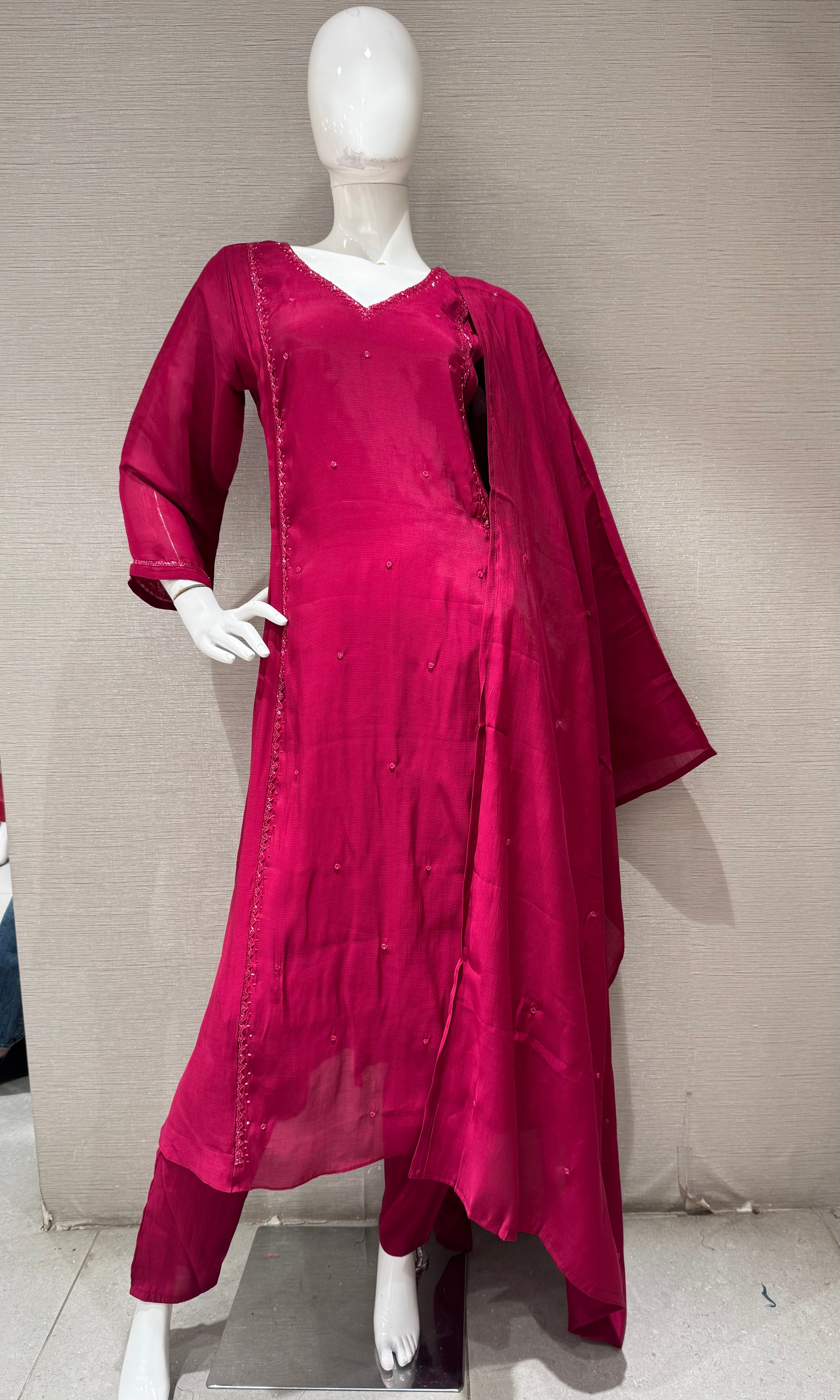 Wine A line Cotton Kurta Set with Dupatta