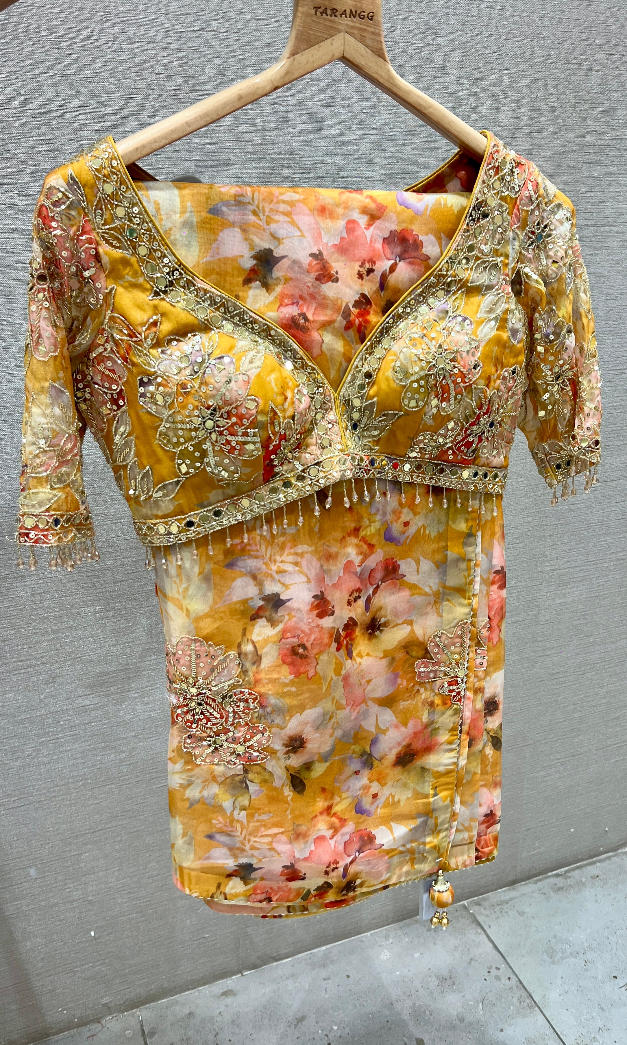 Mustard yellow saree with ready blouse