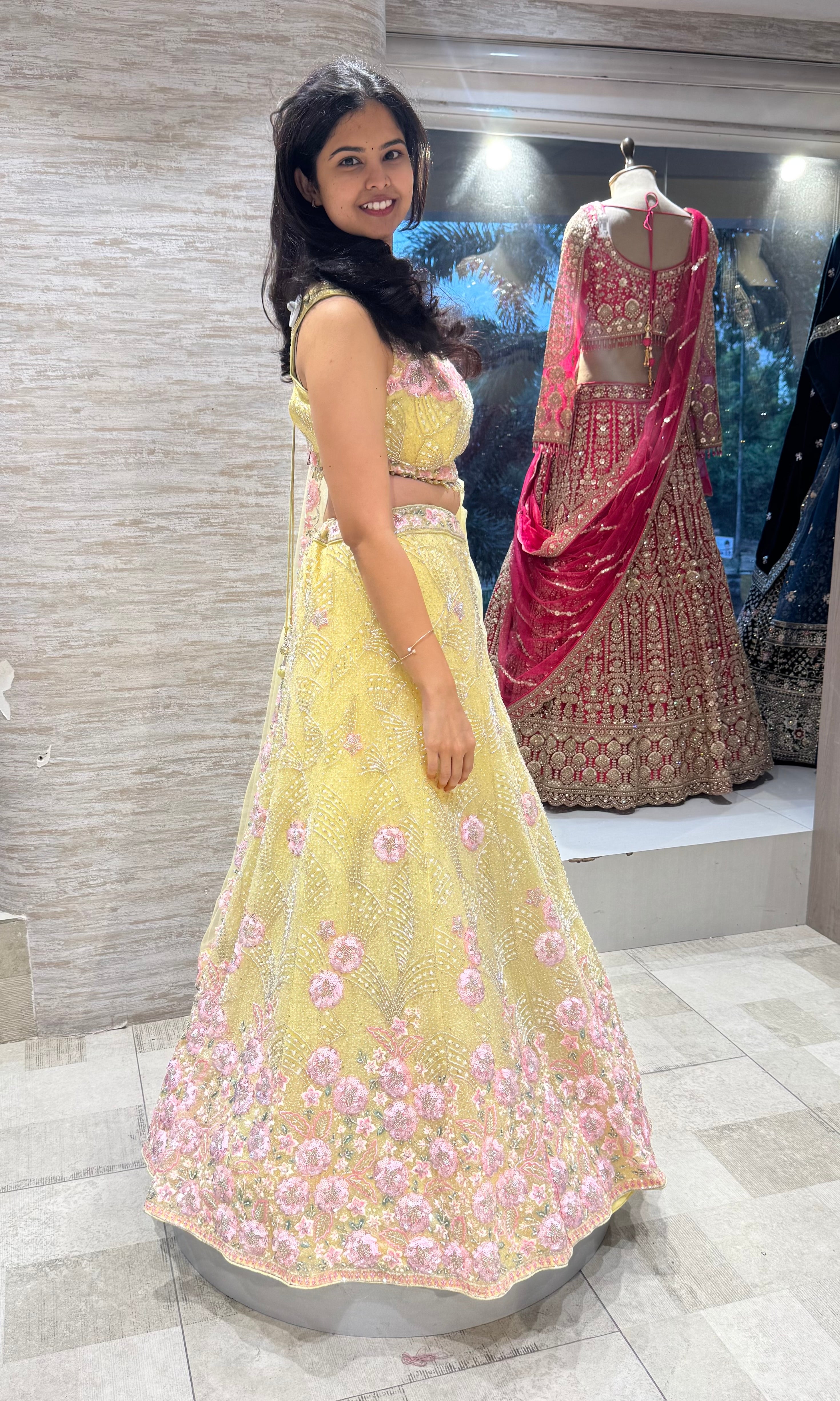 Yellow Embroidered Lehenga Set with Pink Floral