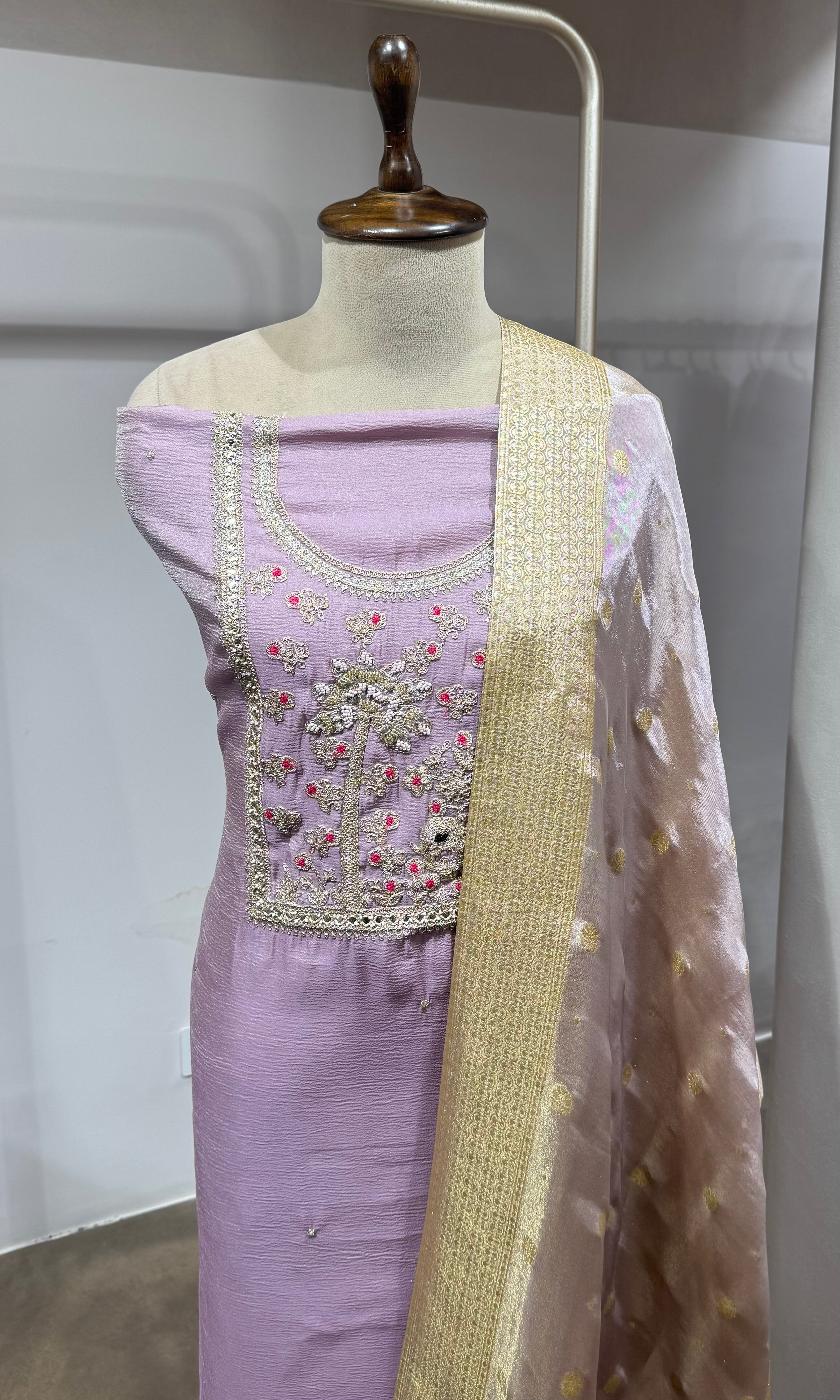 Lavender embroidered dress material