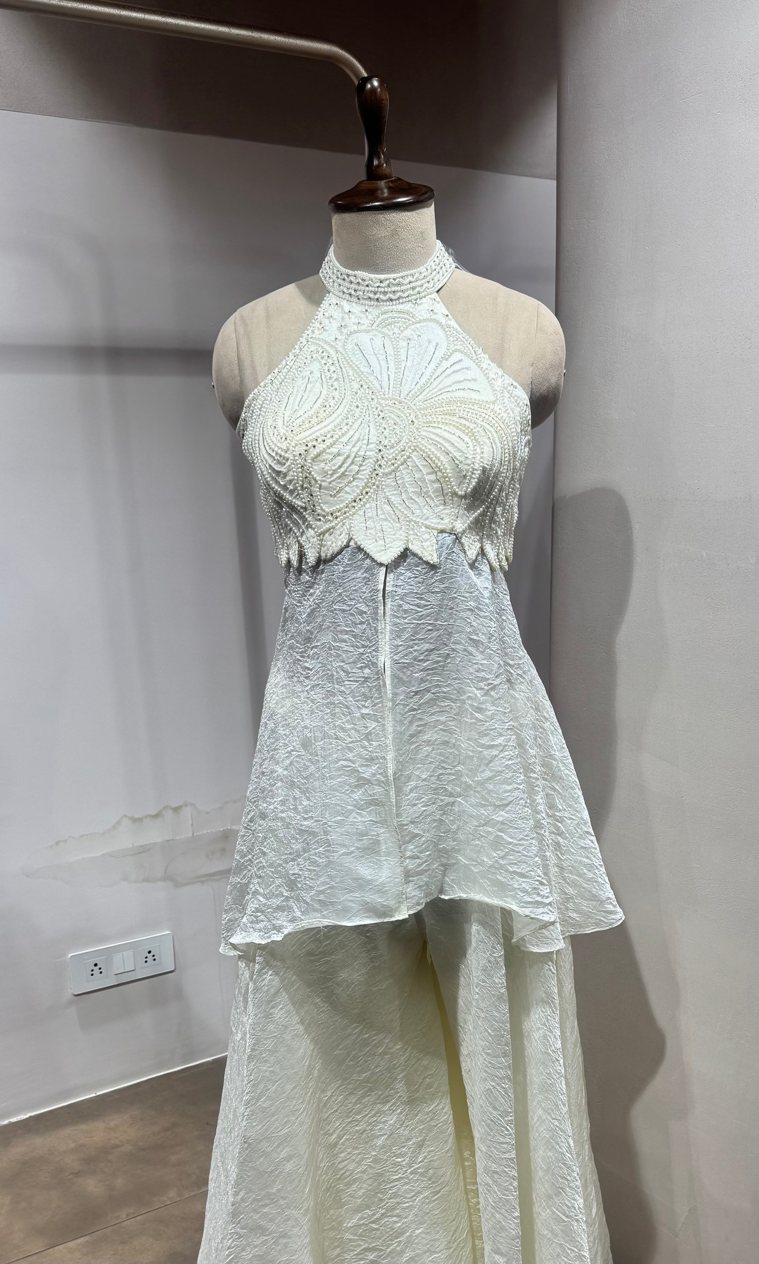 White Halter neck Embroidered peplum palazzo set