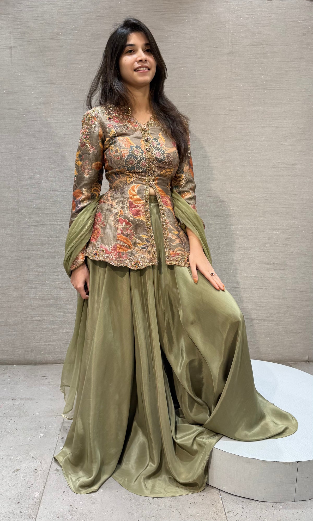 Olive Green Ensemble Peplum Palazzo set with dupatta
