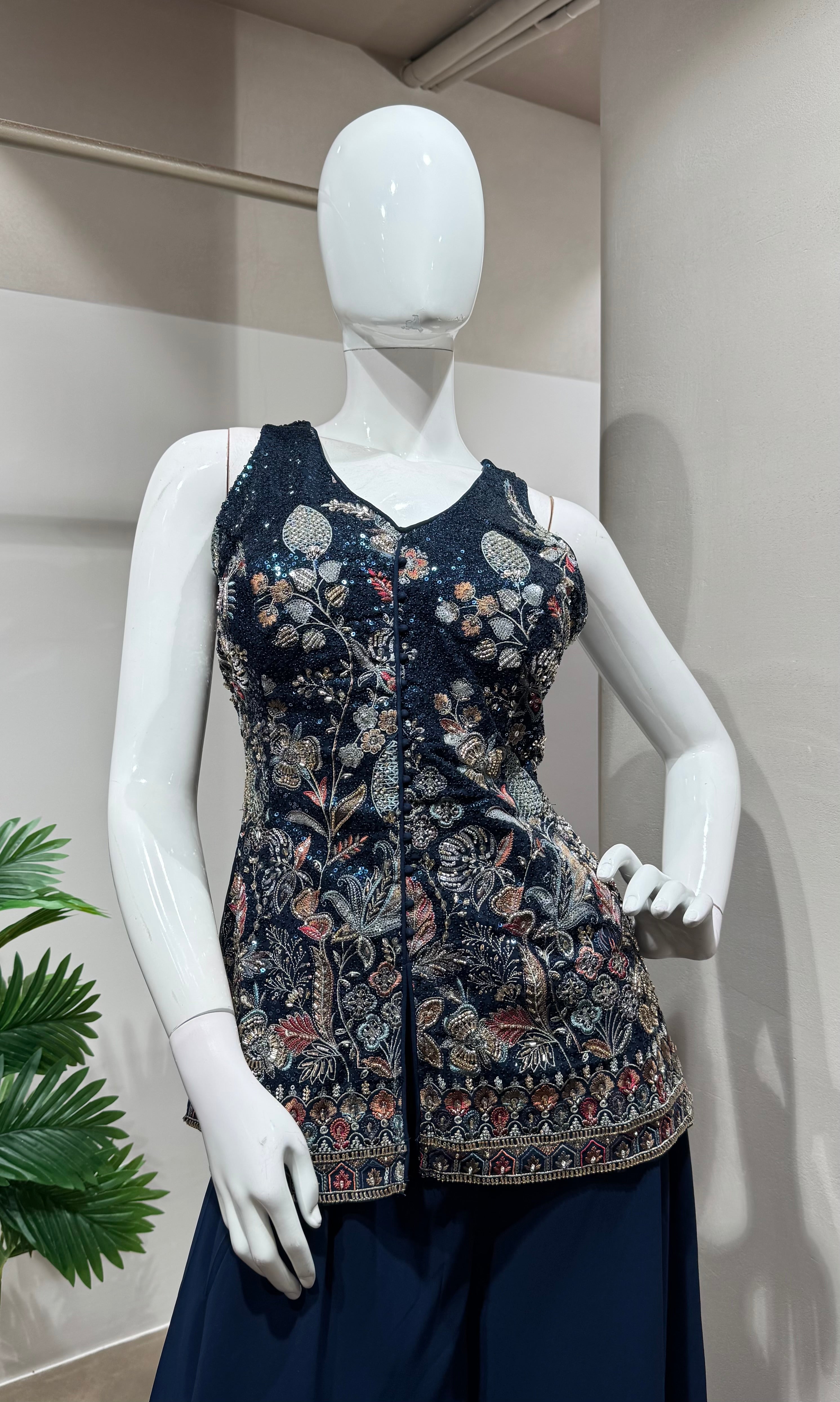 Navy blue georgette sequin palazzo suit