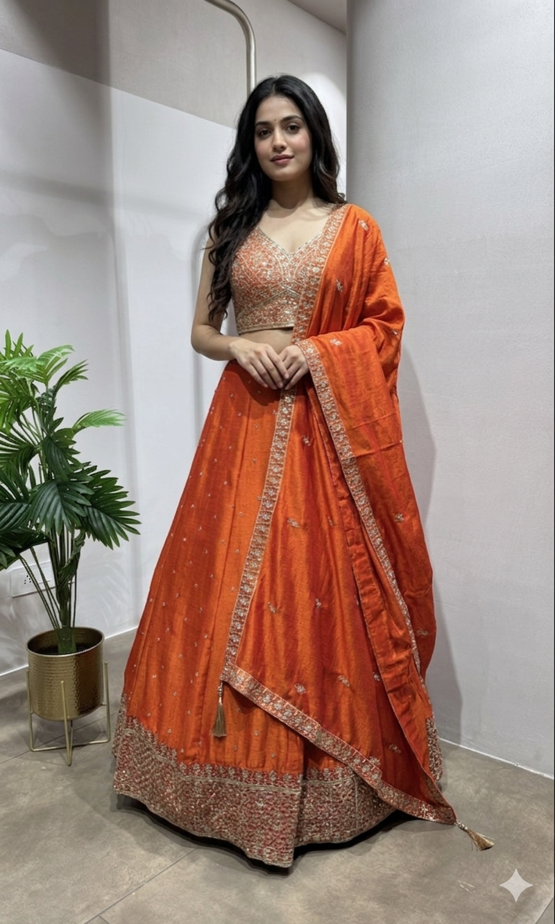 Orange Silk Zari Embroidery lehenga set