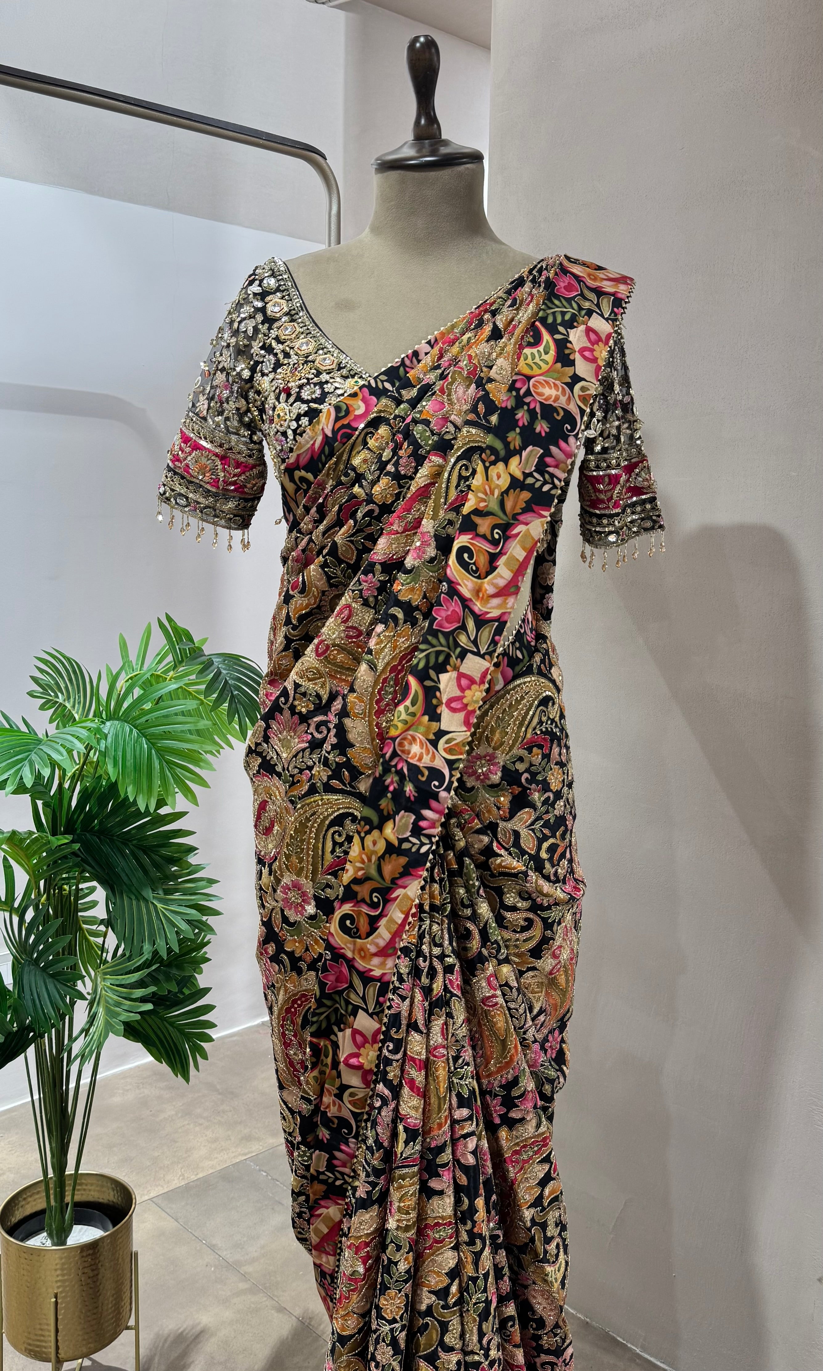DESIGNER BLACK PAISLEY WORK SAREE WITH BLOUSE