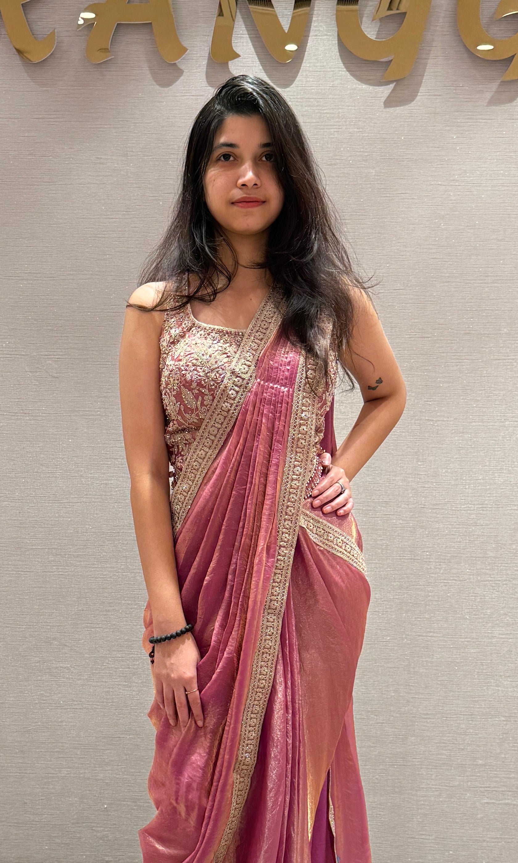 Light Blush Pink and Golden drape saree