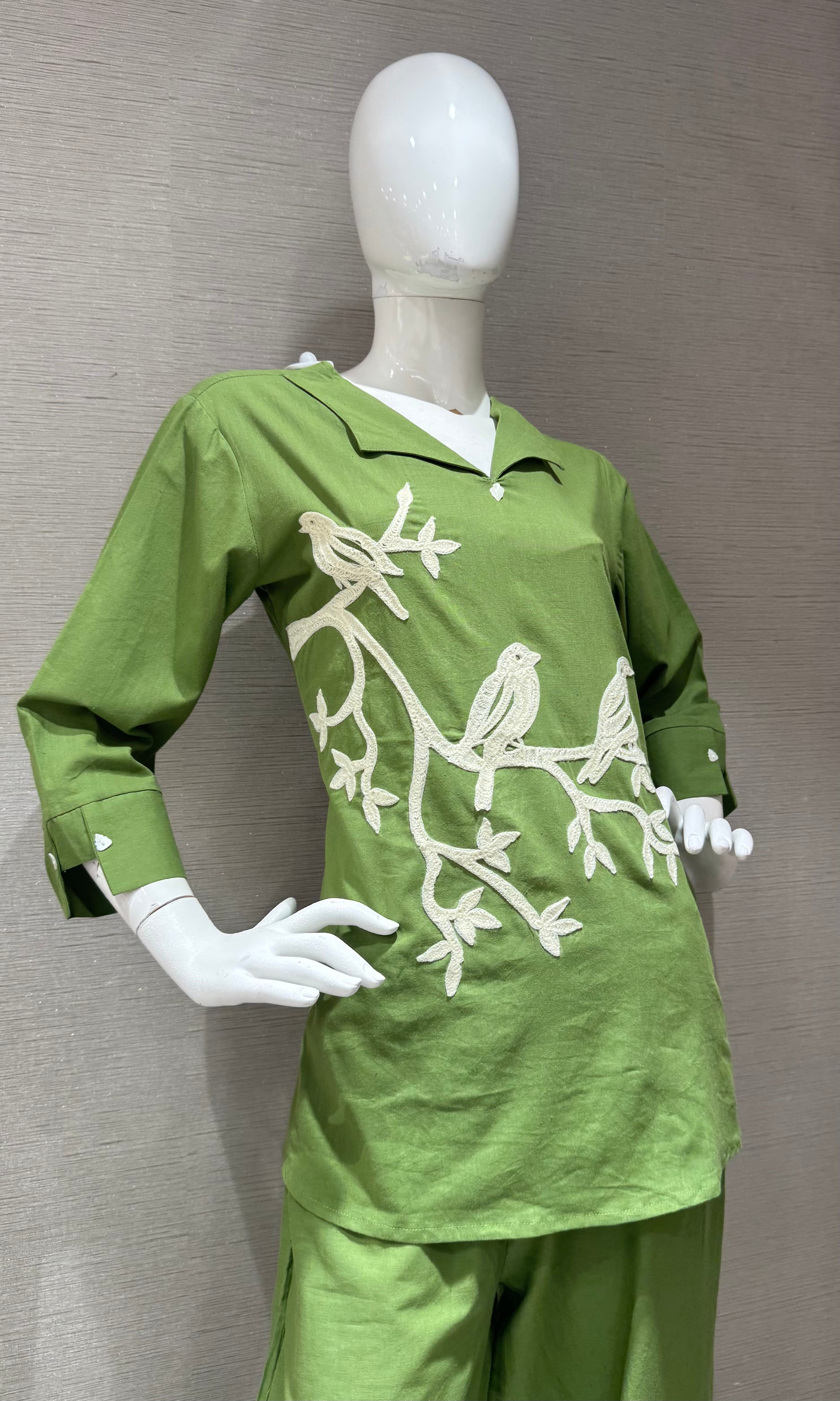 Green Bird Print Tunic Cord set