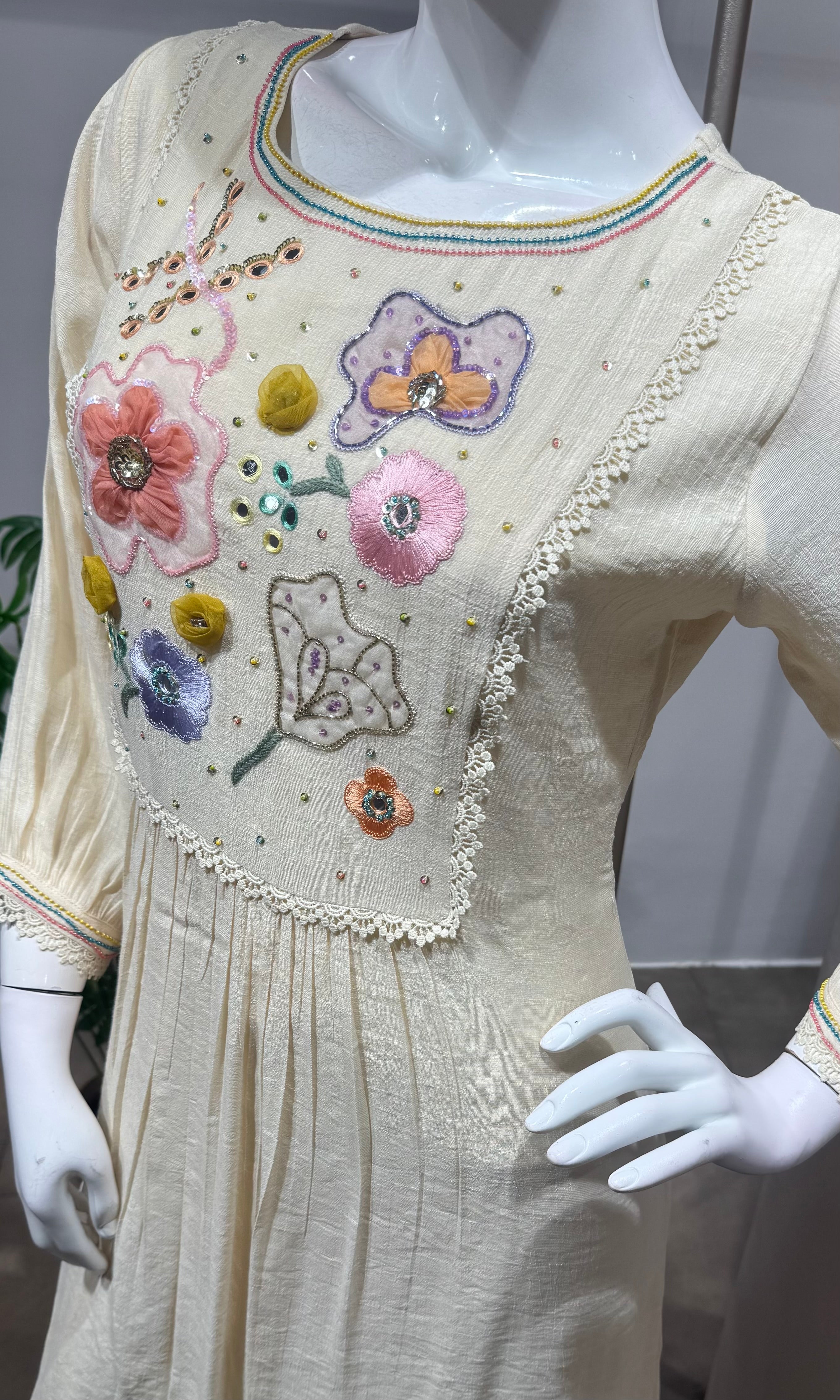 cream Floral Embroidered A-Line dress