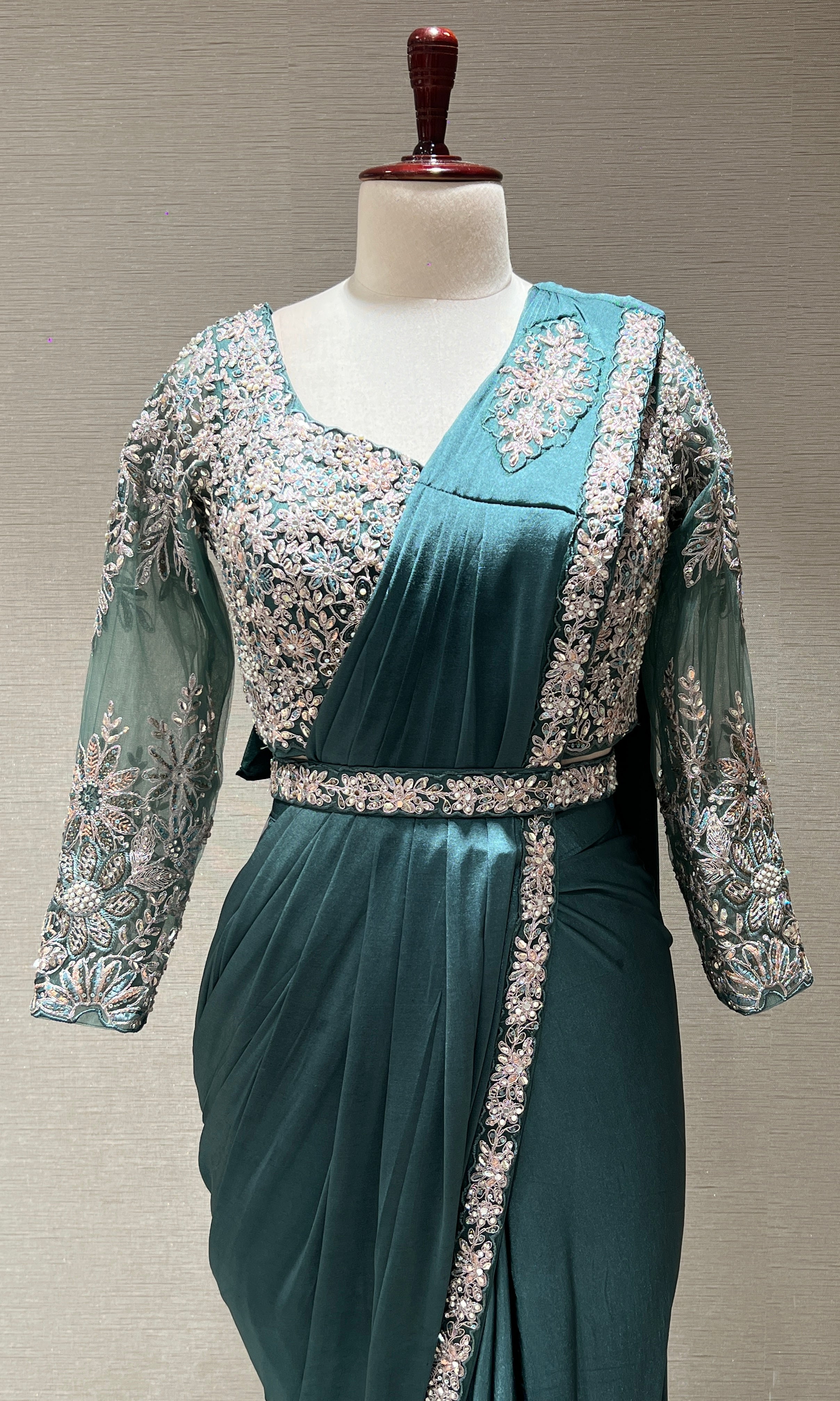 SEA GREEN DRAPE SAREE WITH FLORAL BLOUSE & BELT