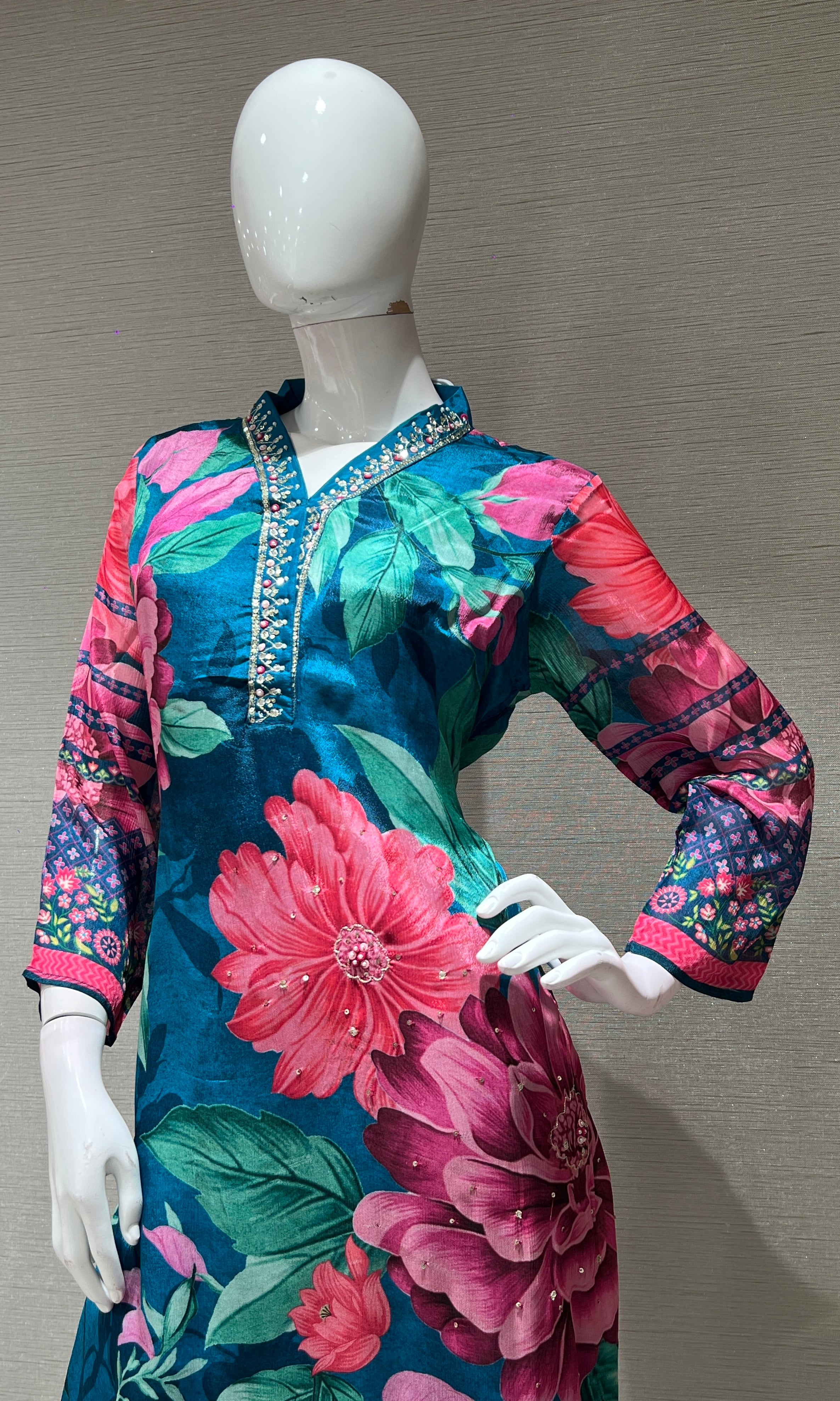 Rama blue floral kurta set