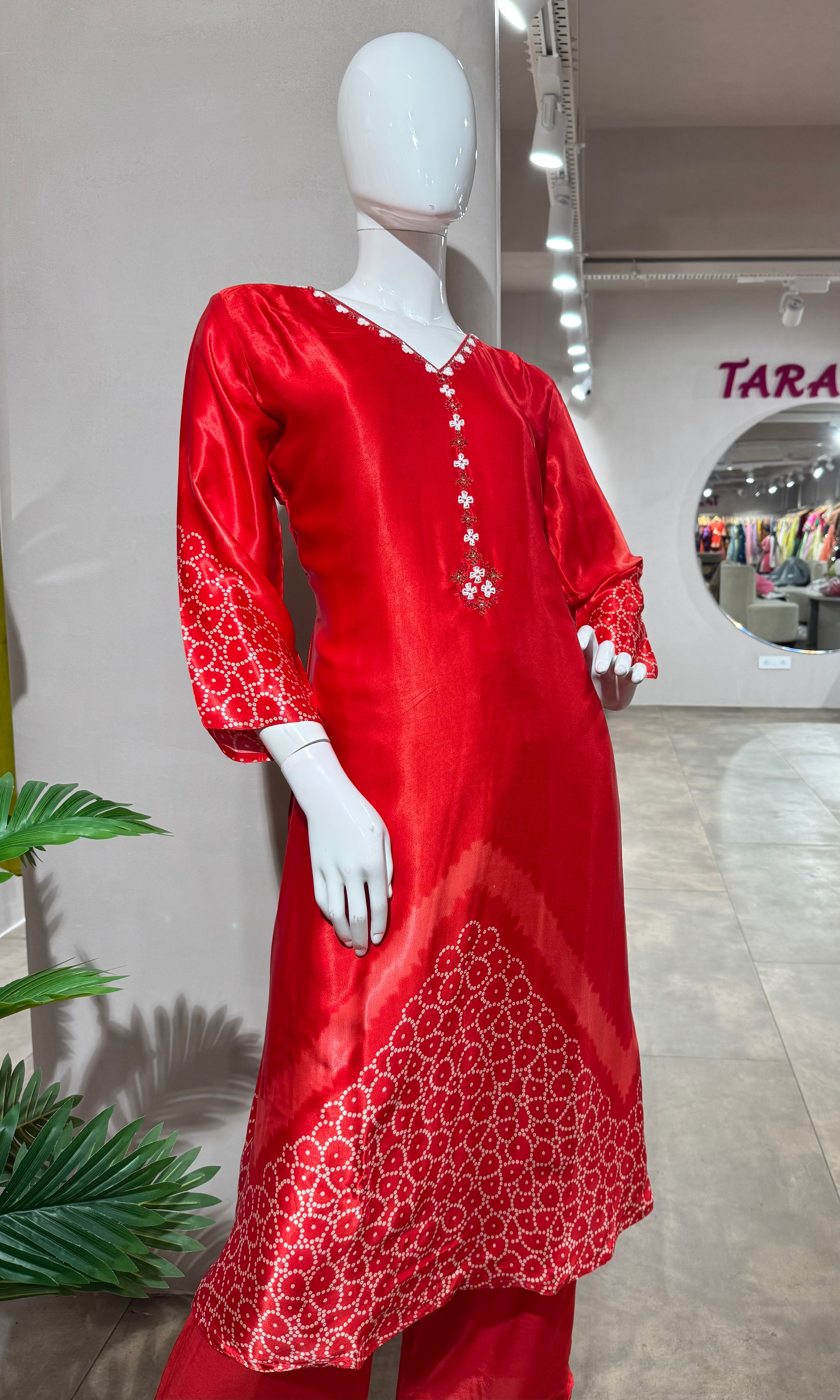 RED EMBROIDERED KURTI WITH BOTTOM