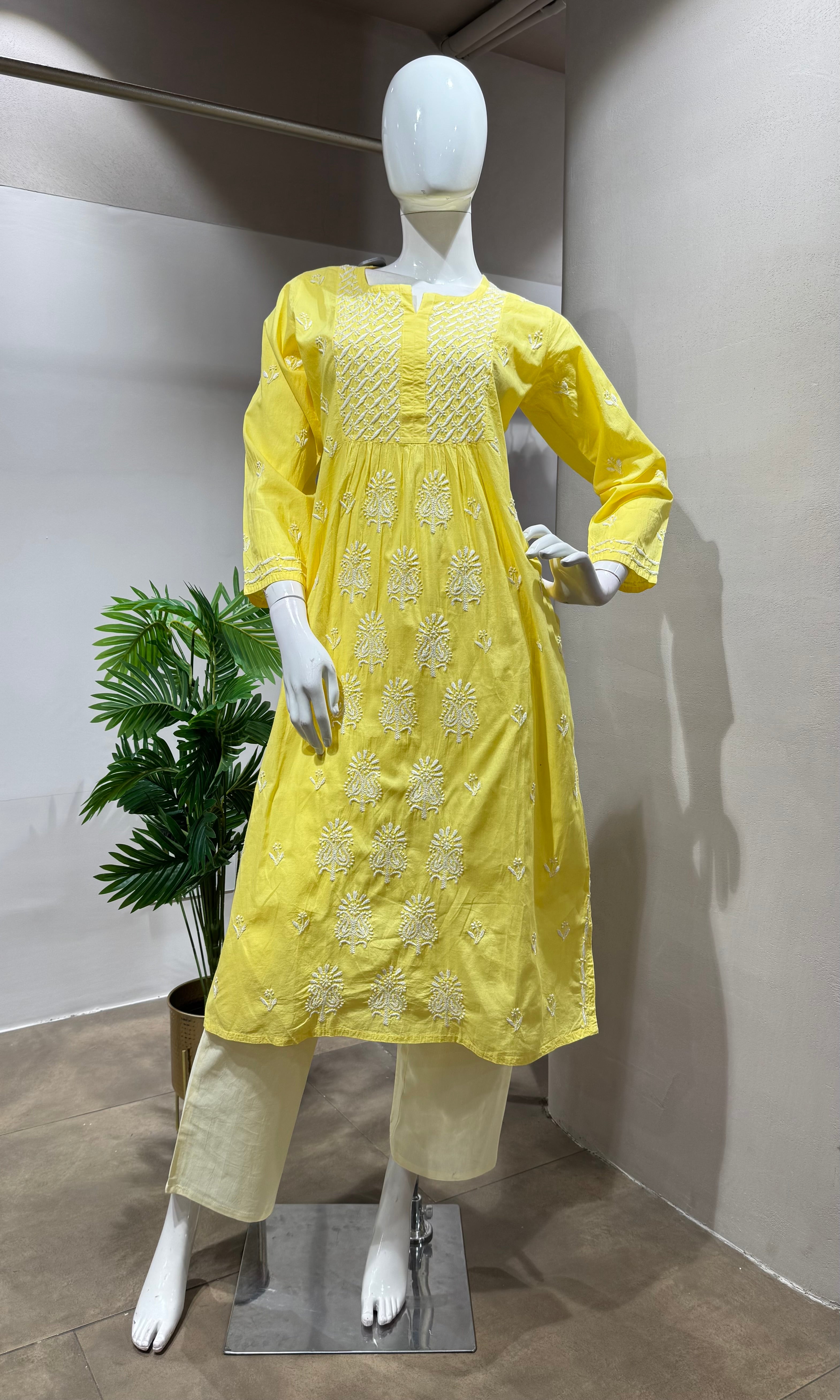 Yellow Chikankari Embroidered Kurti Set
