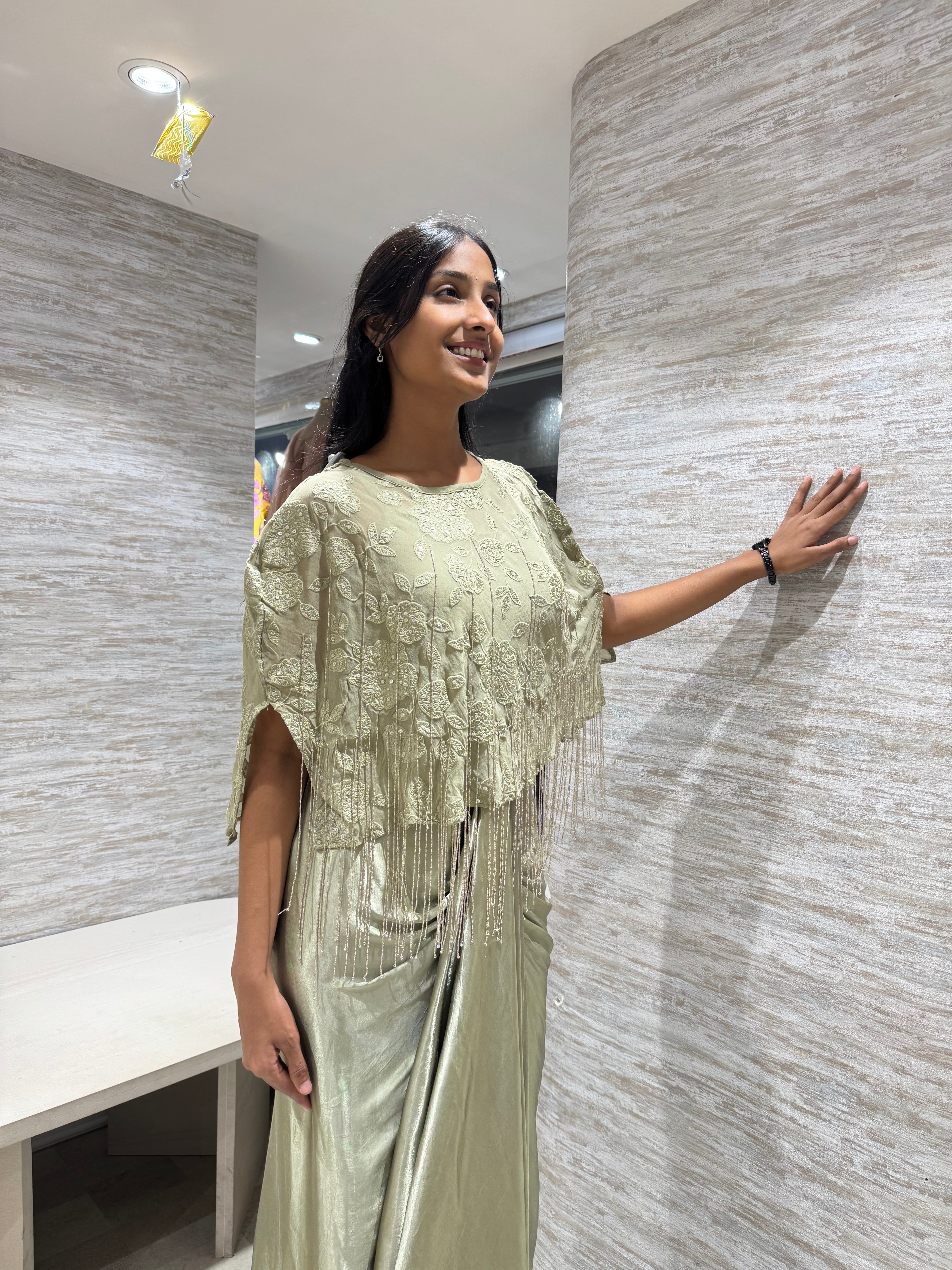 green Drape Gown With Floral Embroidered Cape