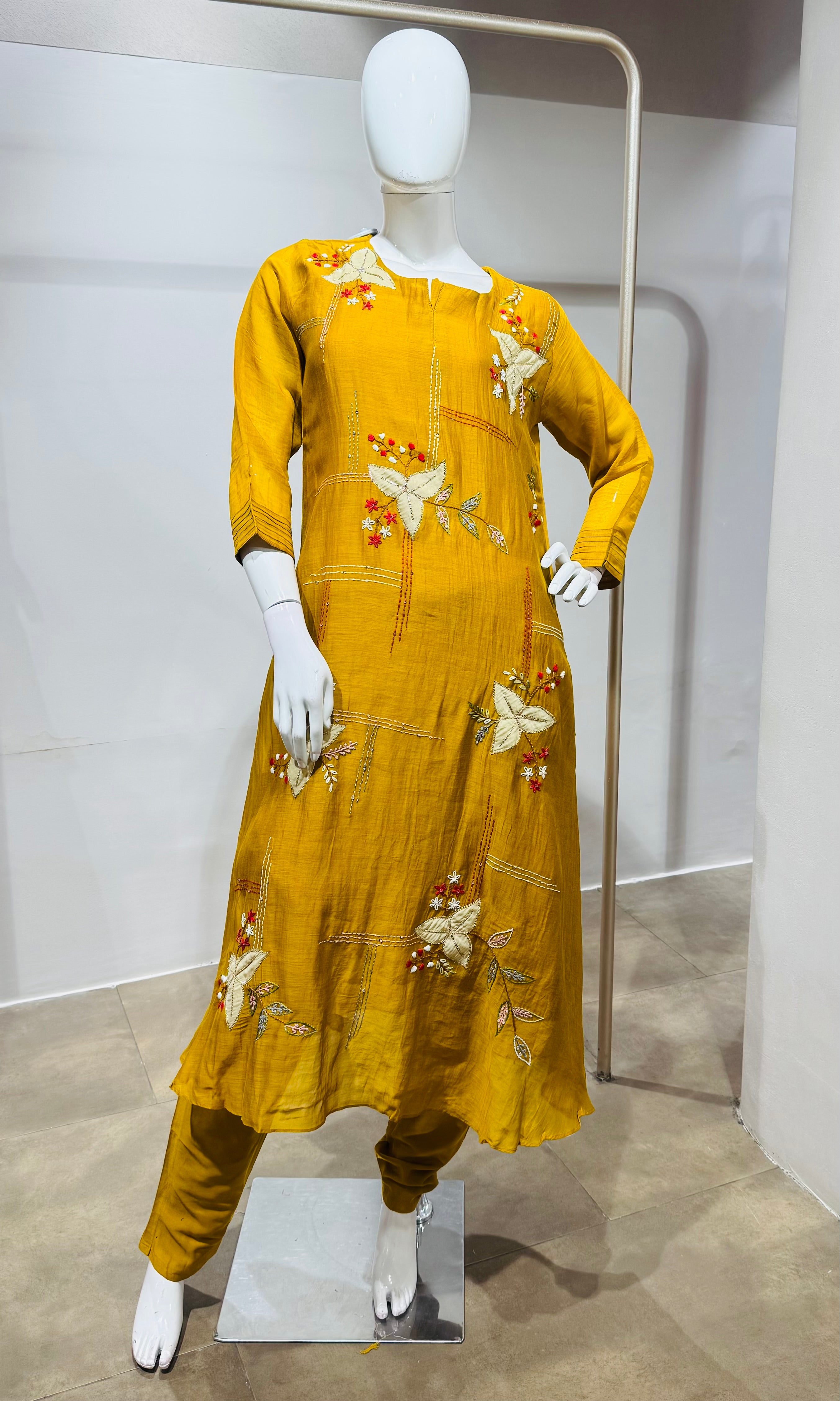 Mustard Elegant Muslin Pleated Chanderi Kurta Set