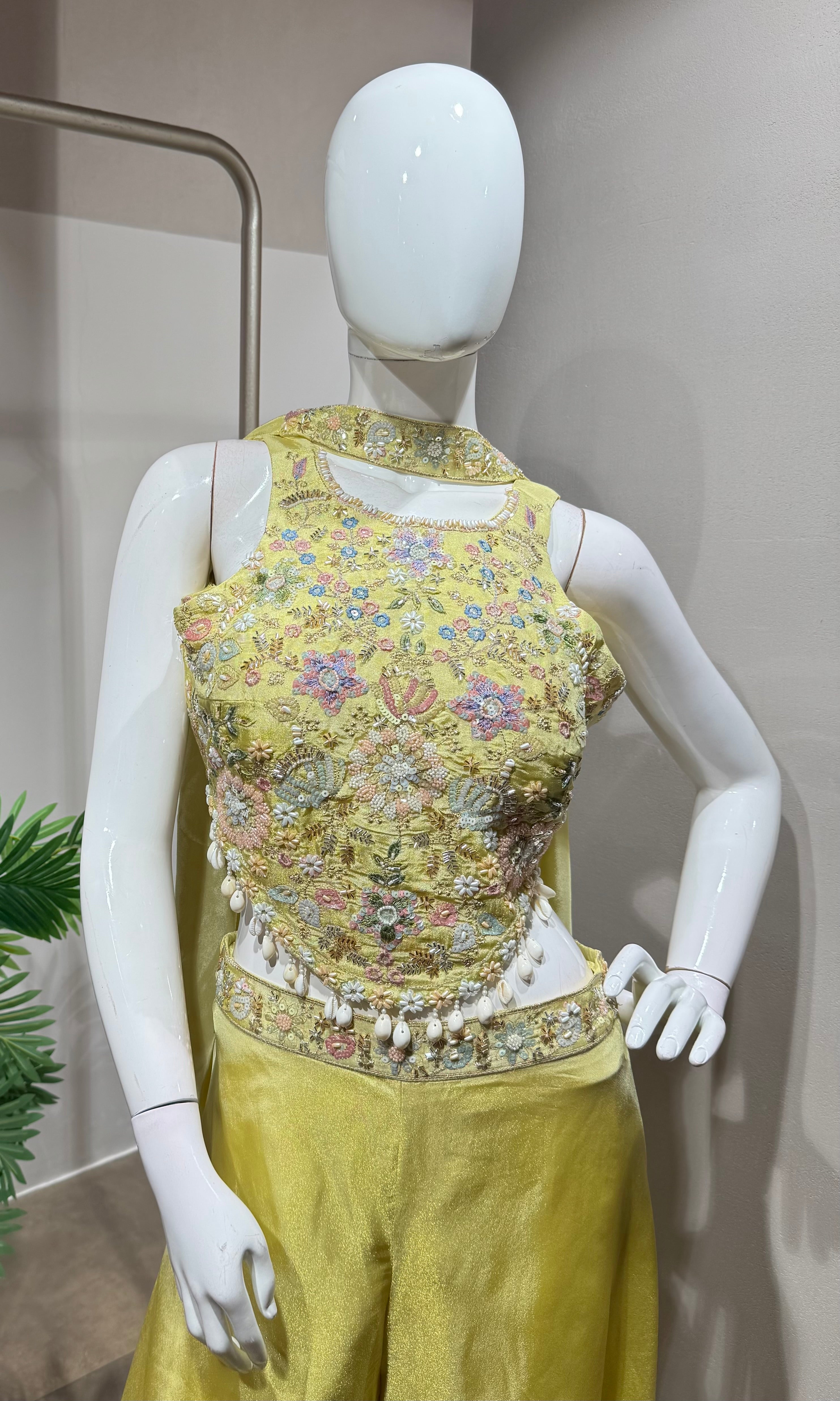Lime YELLOW Silk Palazzo set with Scalloped Tassel
