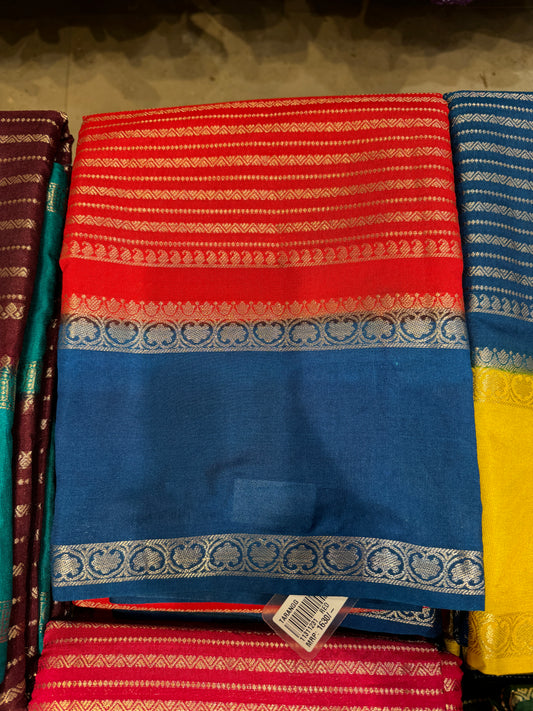 Chilli red with blue Banarasi saree