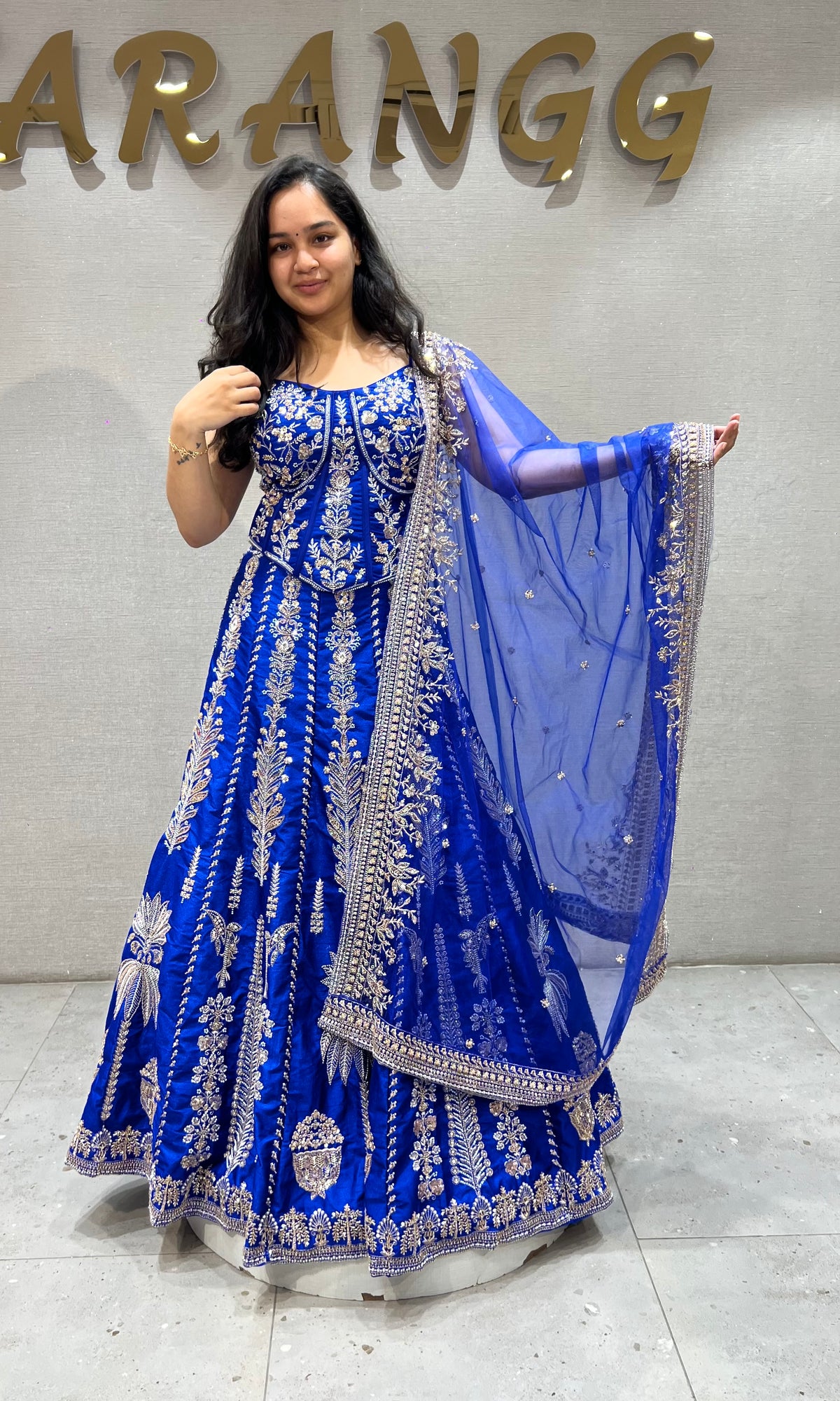 Royal blue embroidered peplum crop top lehenga set