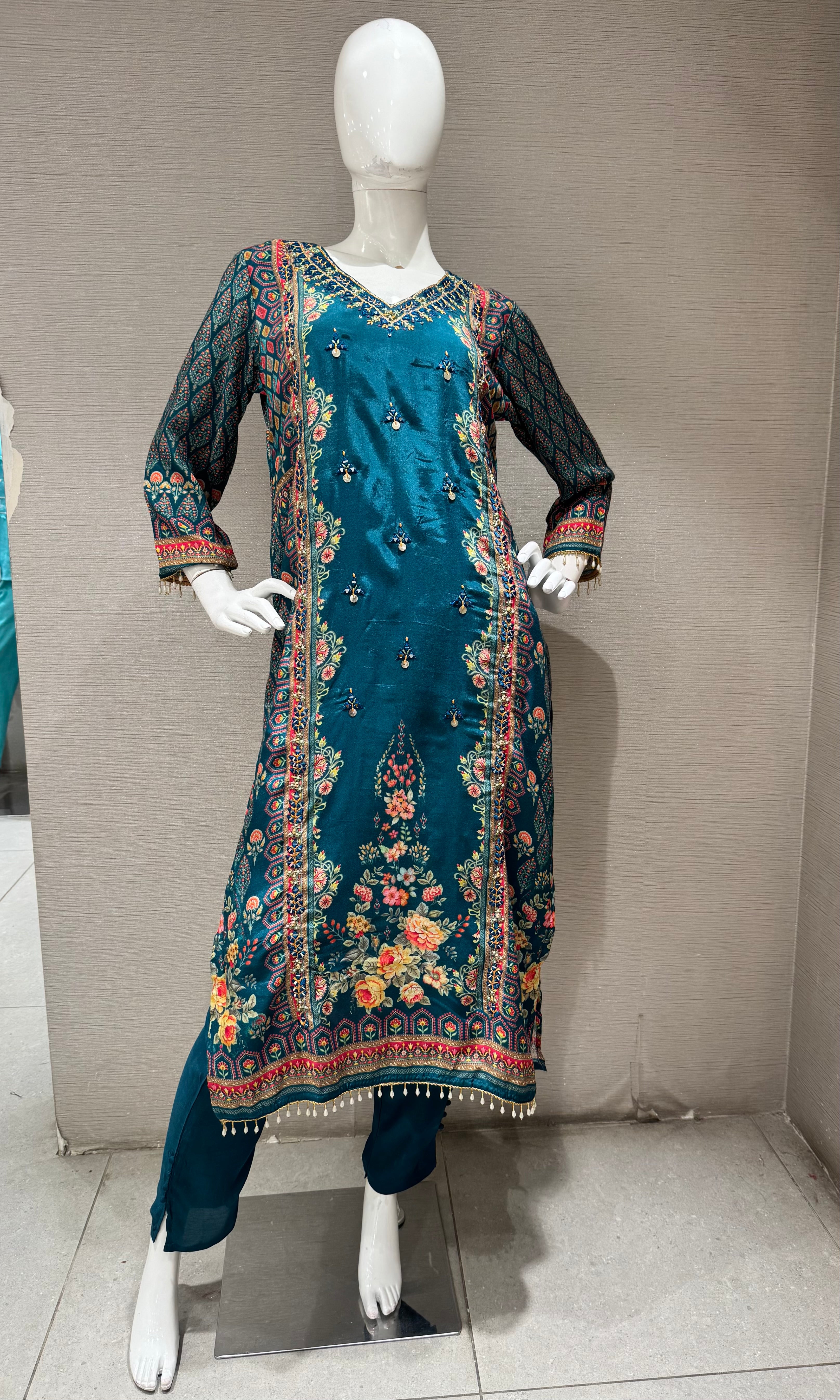Sea green Embroidered Salwar Suit with Floral Dupatta
