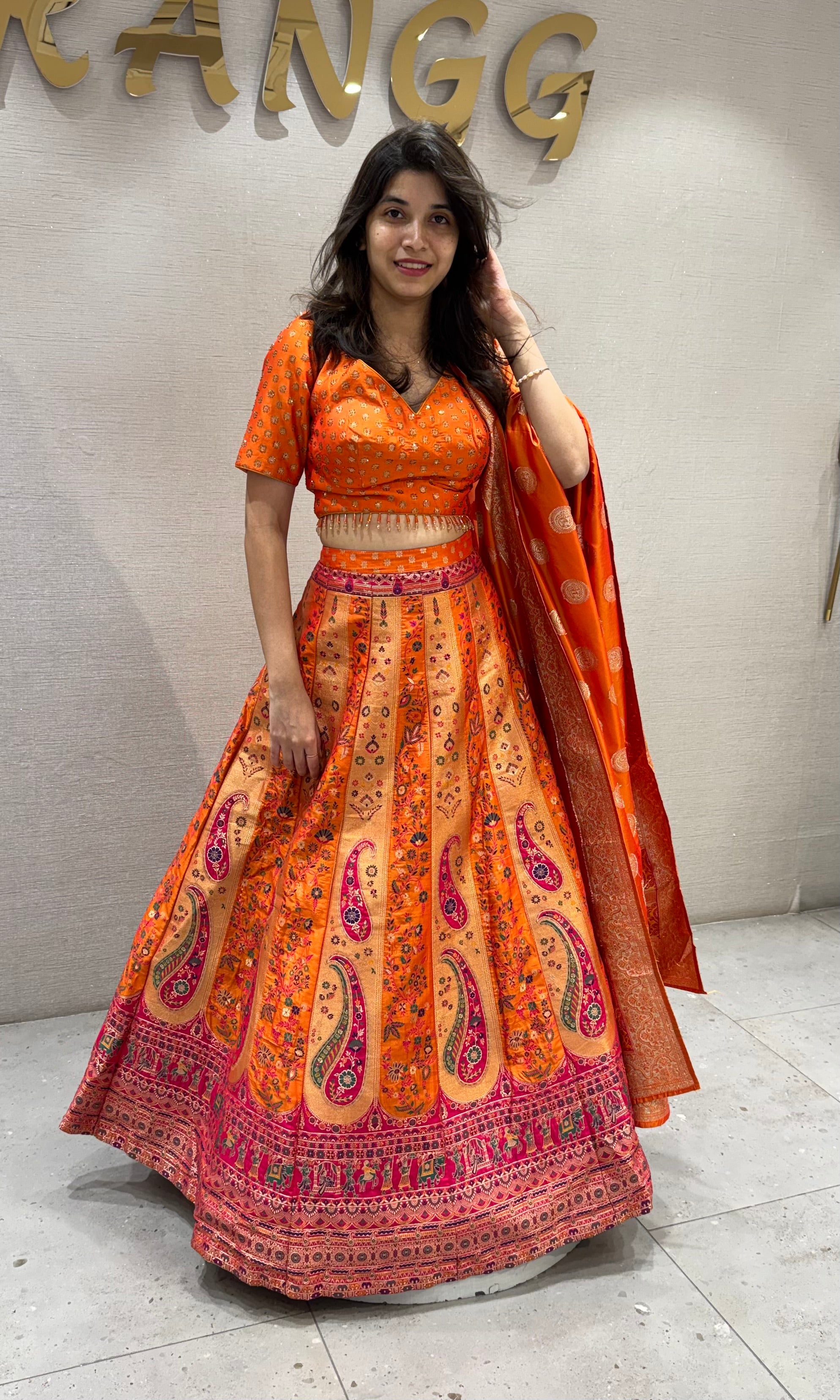 Sunset Orange Banarasi Silk Lehenga