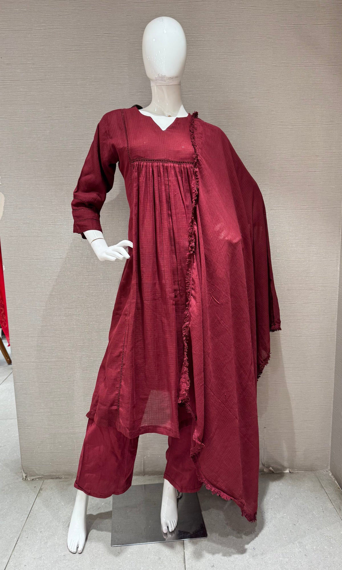Maroon Mul Chanderi Tunic Kurta set with Dupatta