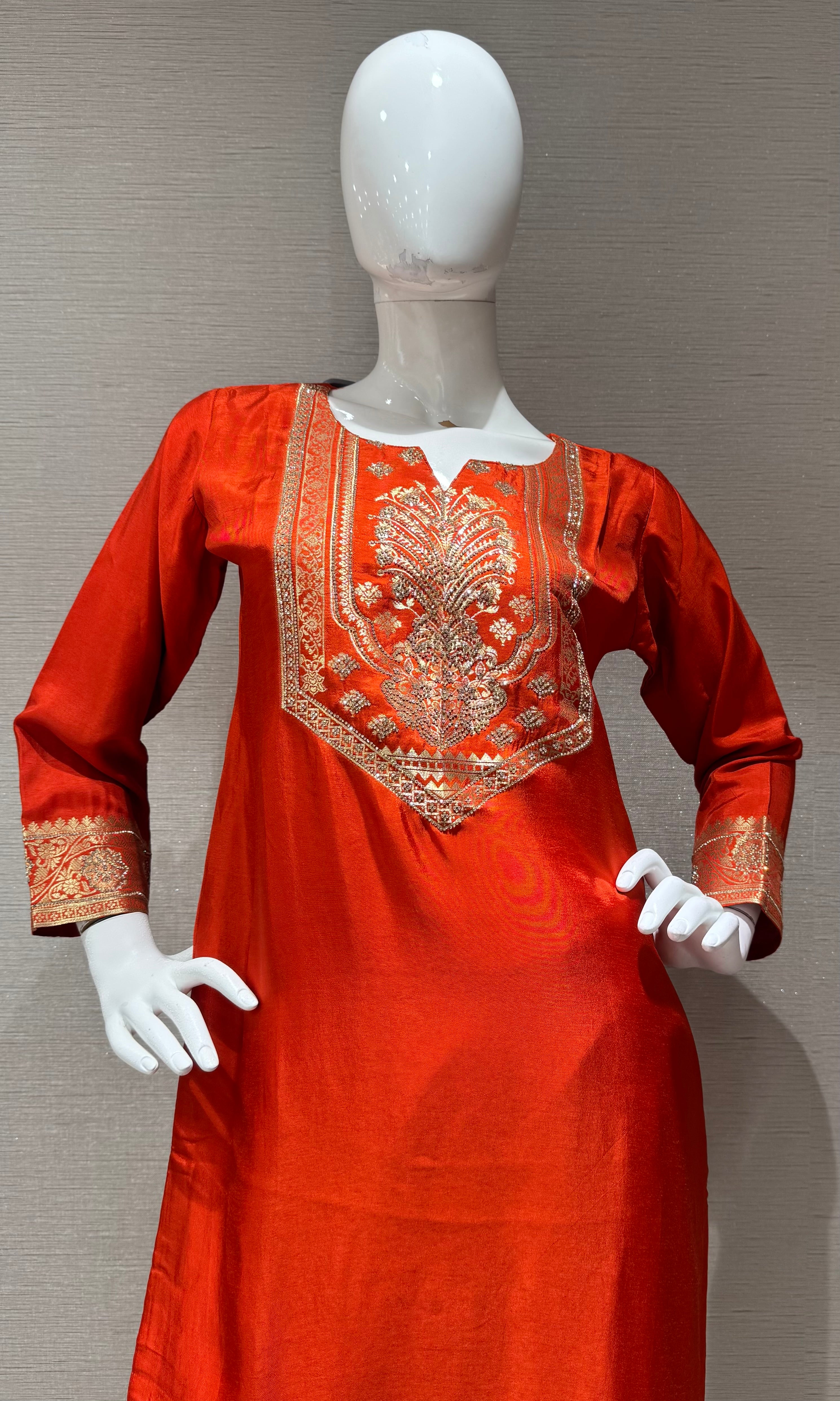 Orange Silk Blend Ethnic Kurta set
