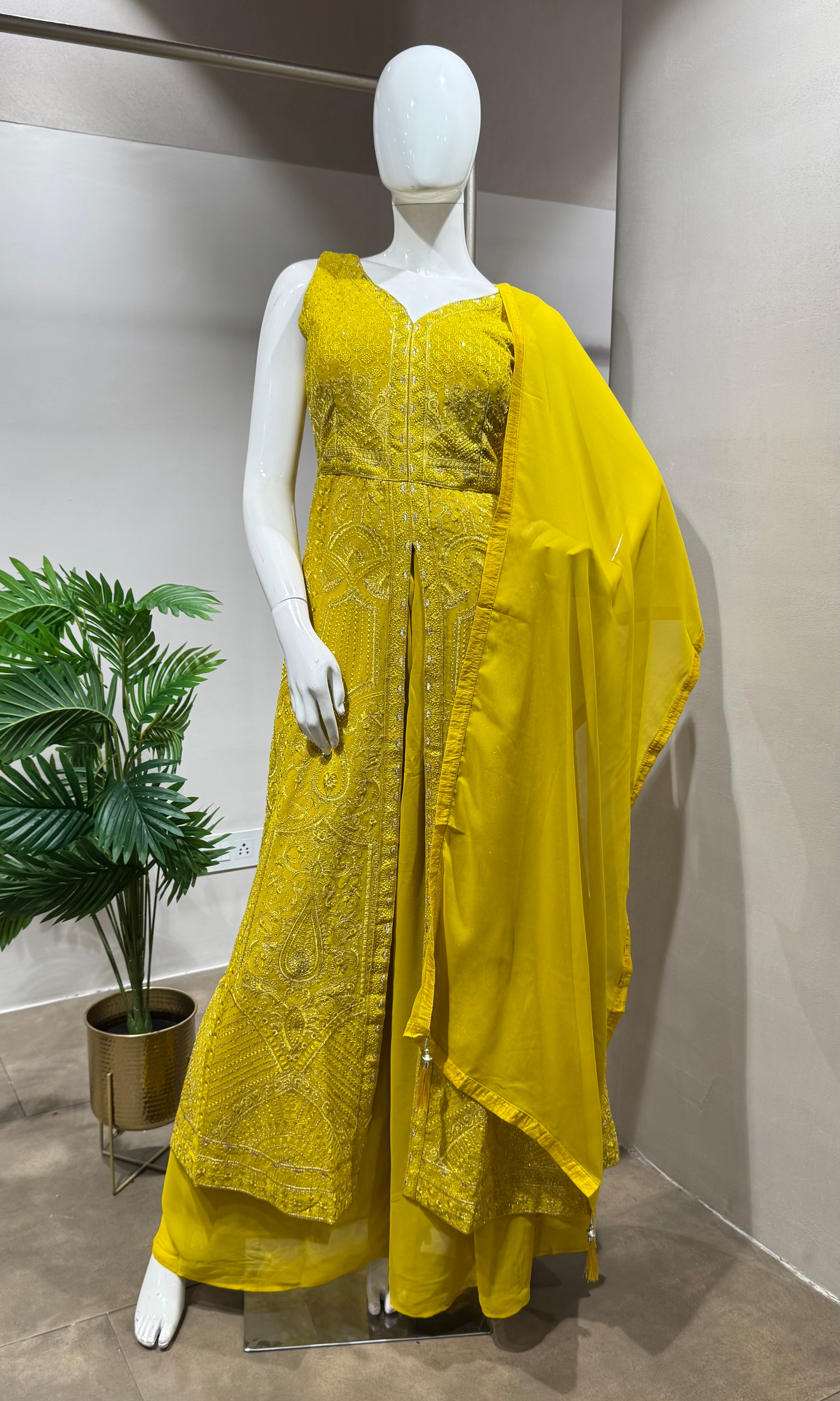 MUSTARD FRONT SLIT ANARKALI PALAZZO SET