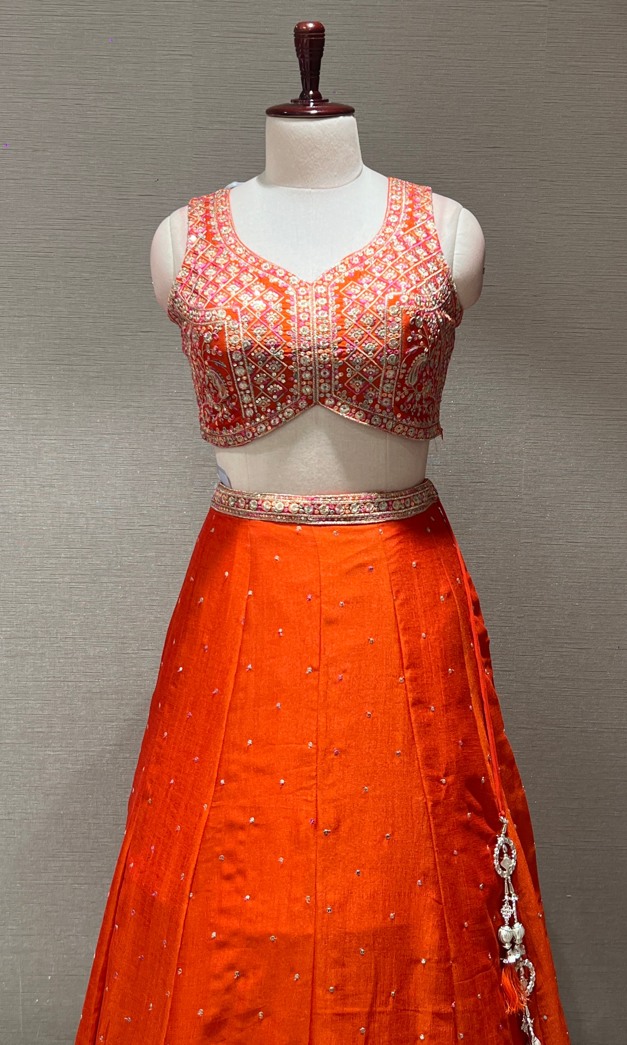 Orange Mirrorwork Embroidered Lehenga Set