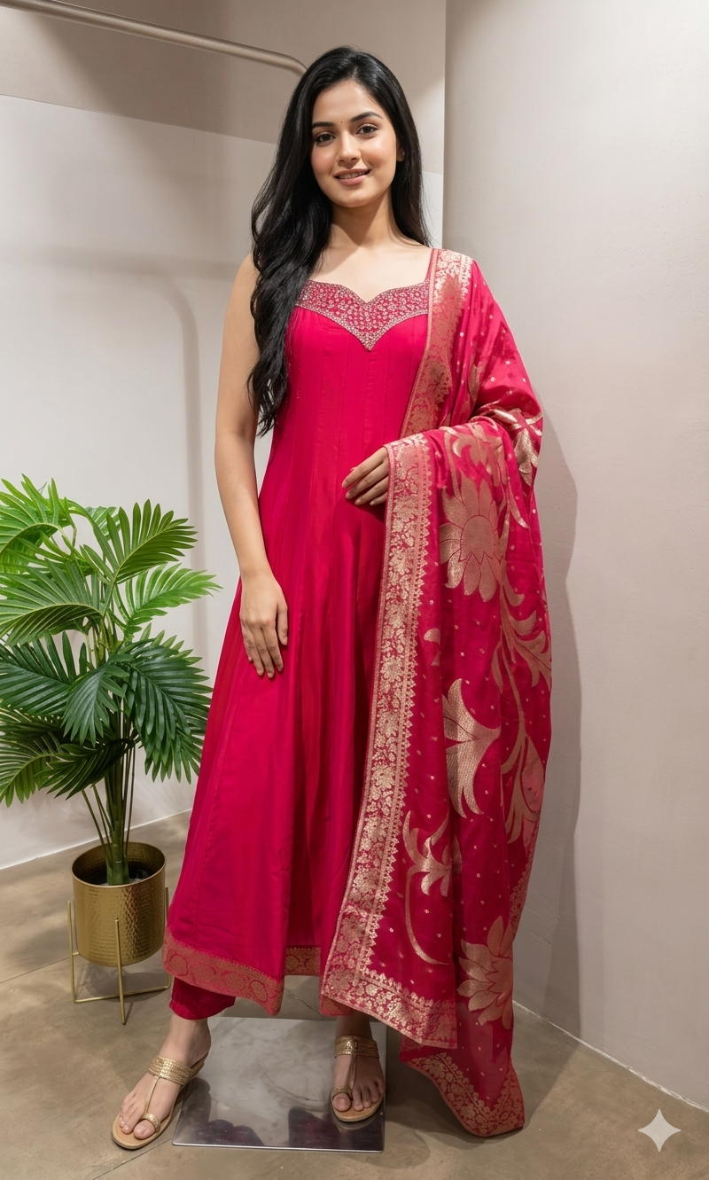 Rani Pink Anarkali SET with Zari Dupatta