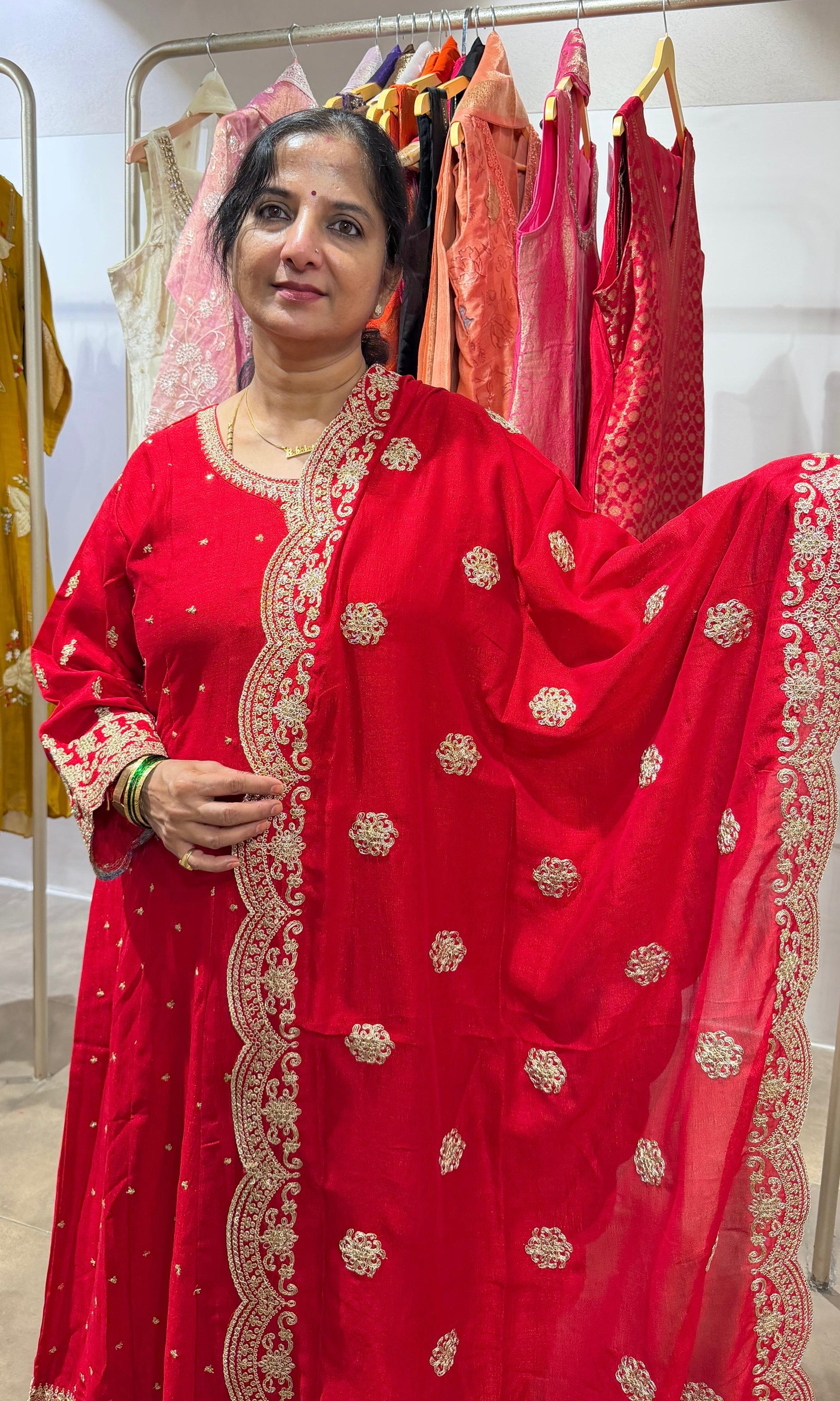 Red Golden Embroidered Anarkali Set