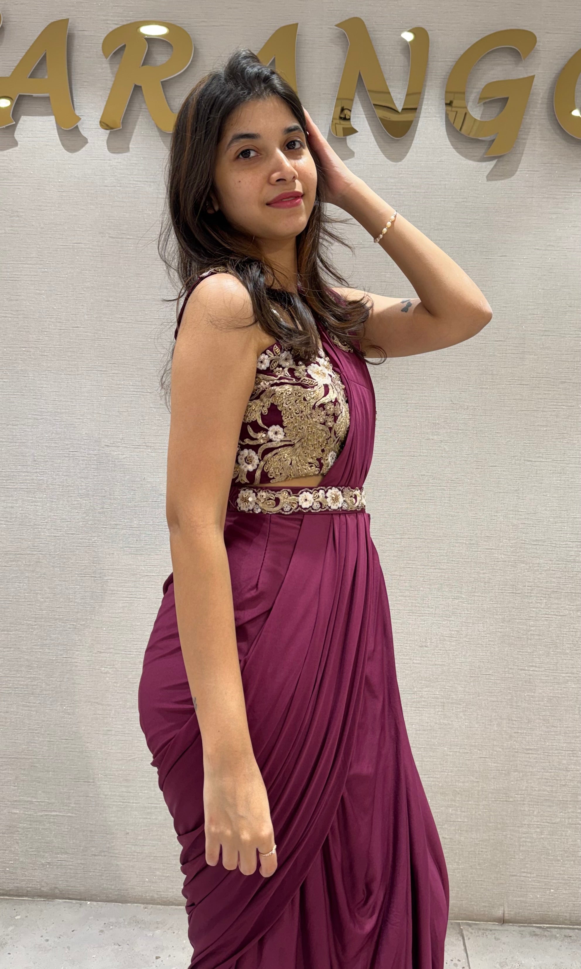 Wine Draped Saree with Embroidered Blouse