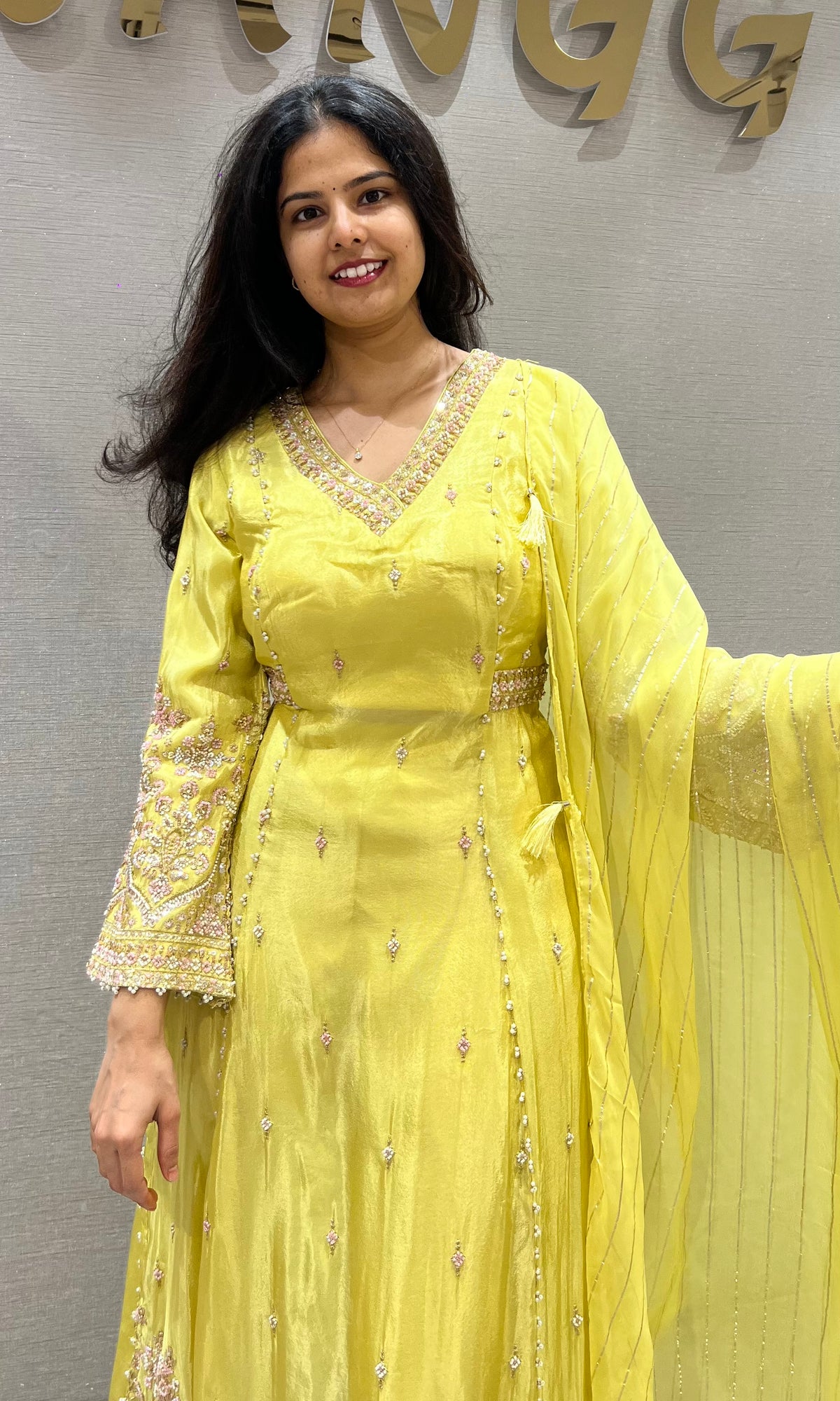 Yellow Shimmer silk Golden Zari Ethnic Naira cut palazzo set