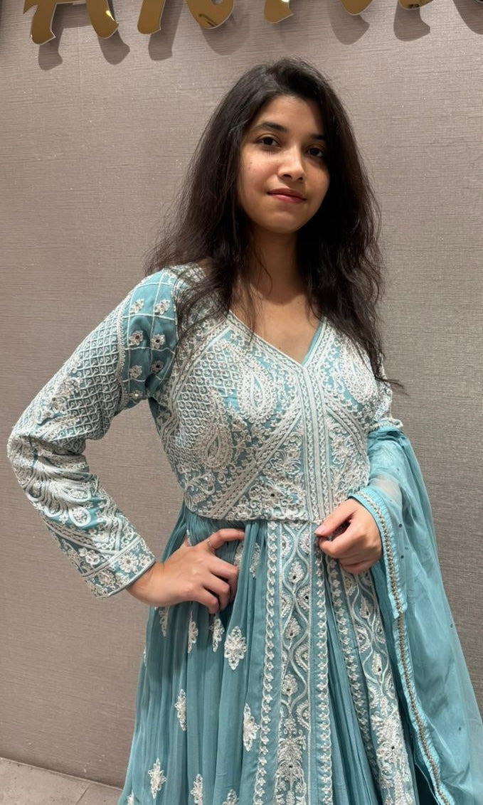 Azure Mist Chikankari Anarkali kurta Set