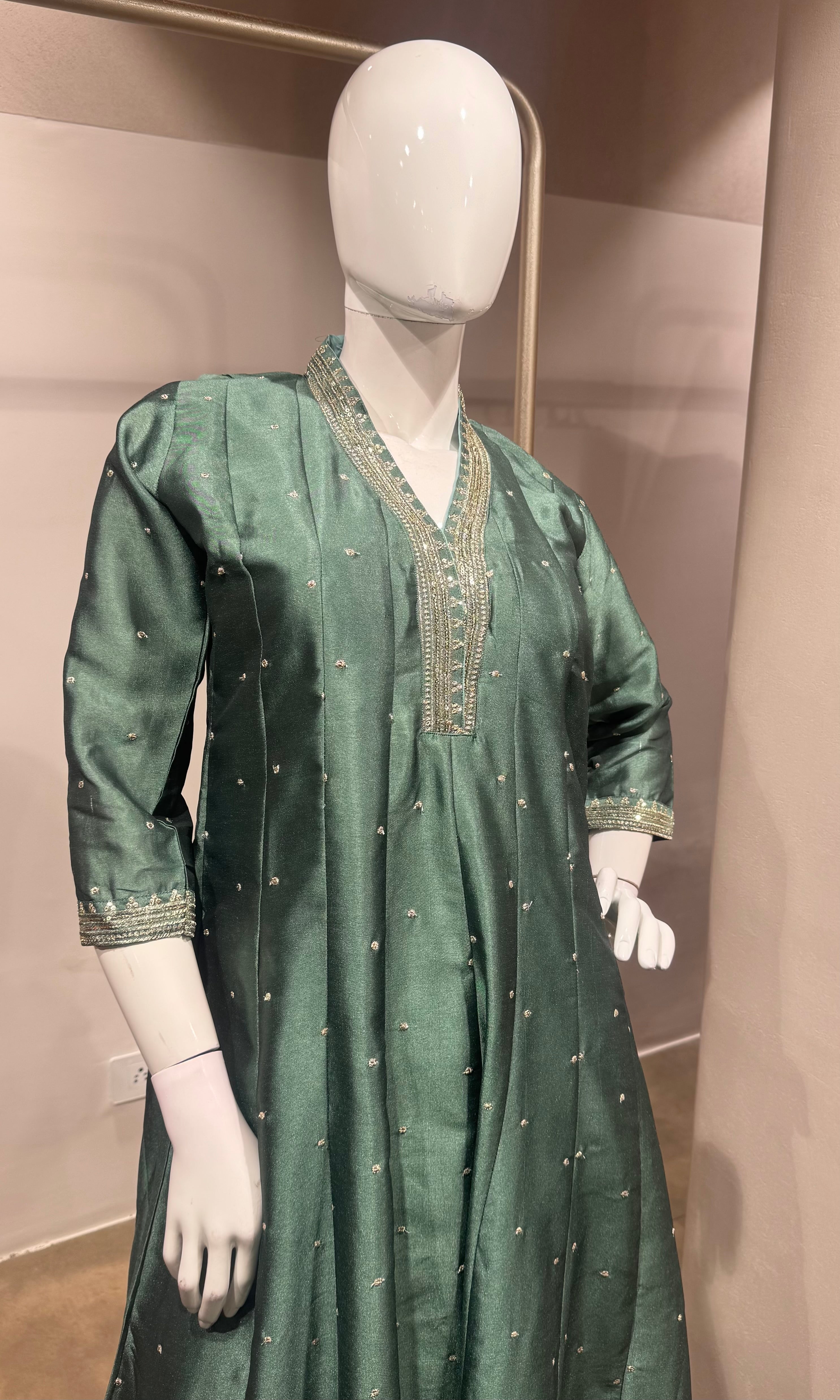 Green gold Embroidered Silk Anarkali set