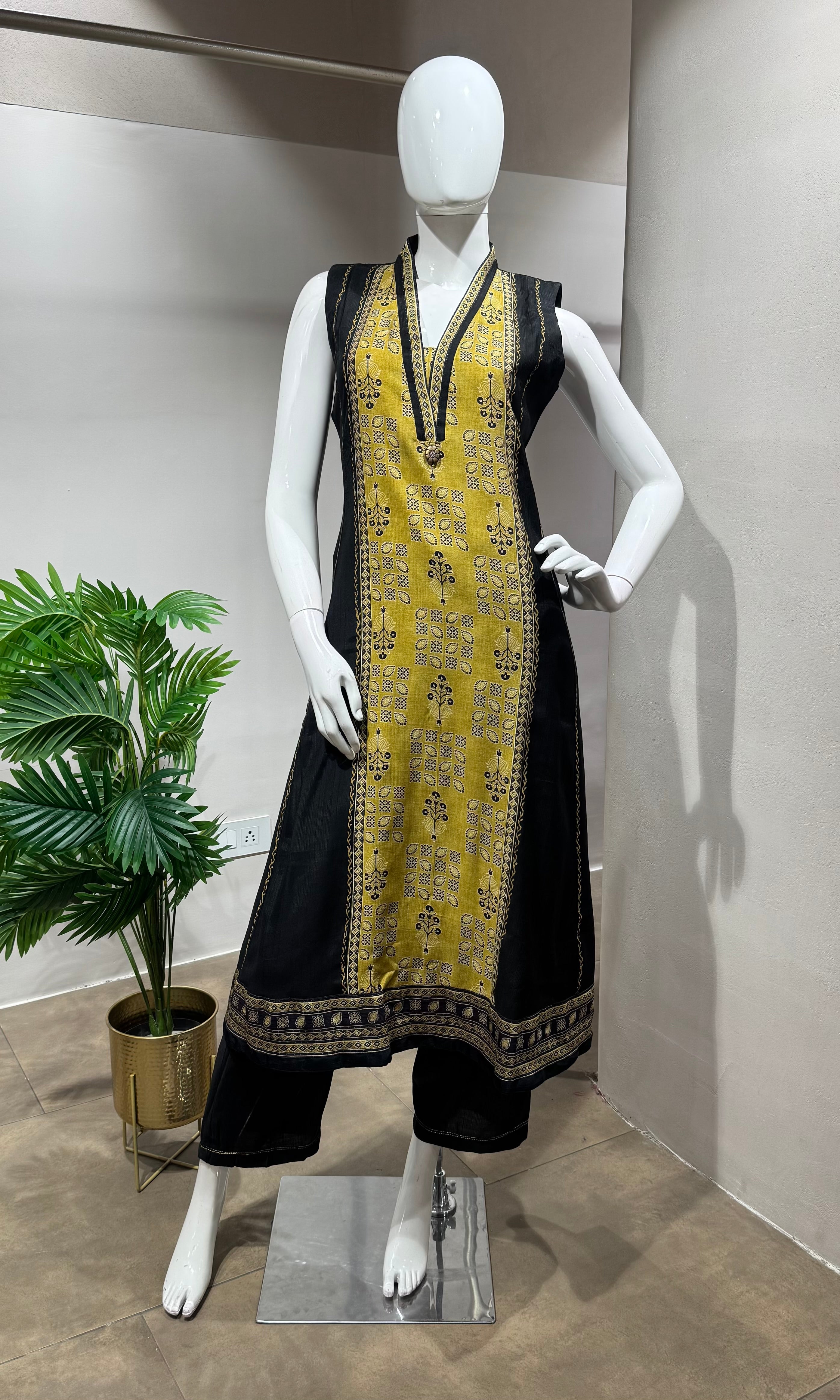 black and yellow printed KURTI WITH BOTTOM