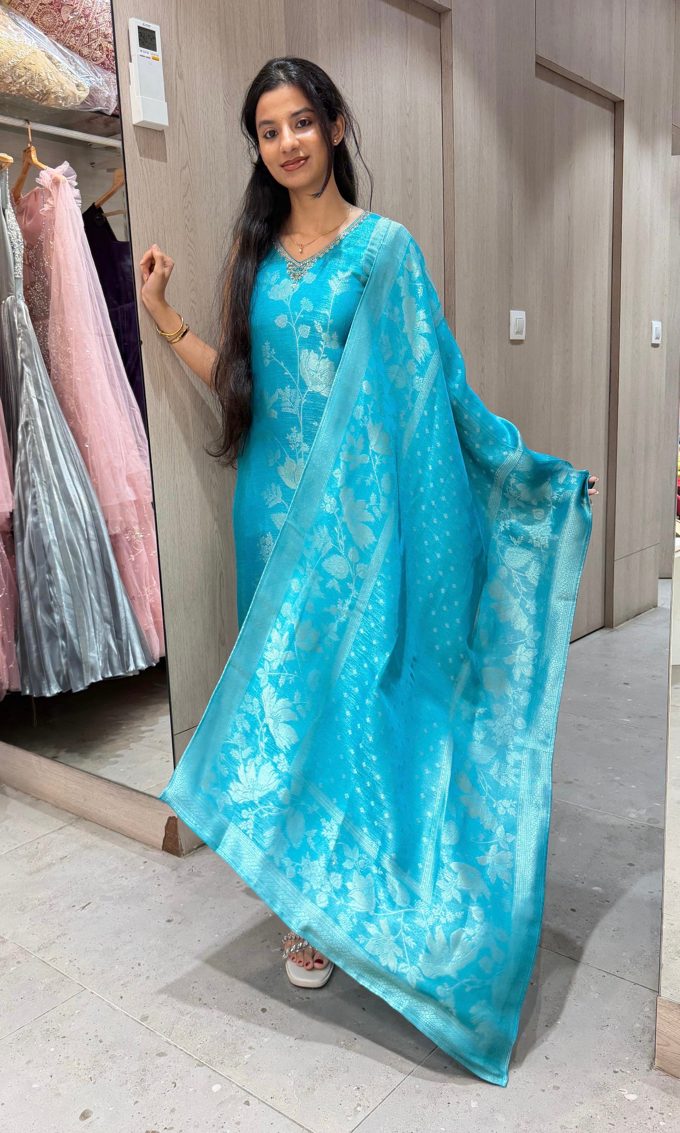 Rama blue banarasi kurta set with dupatta