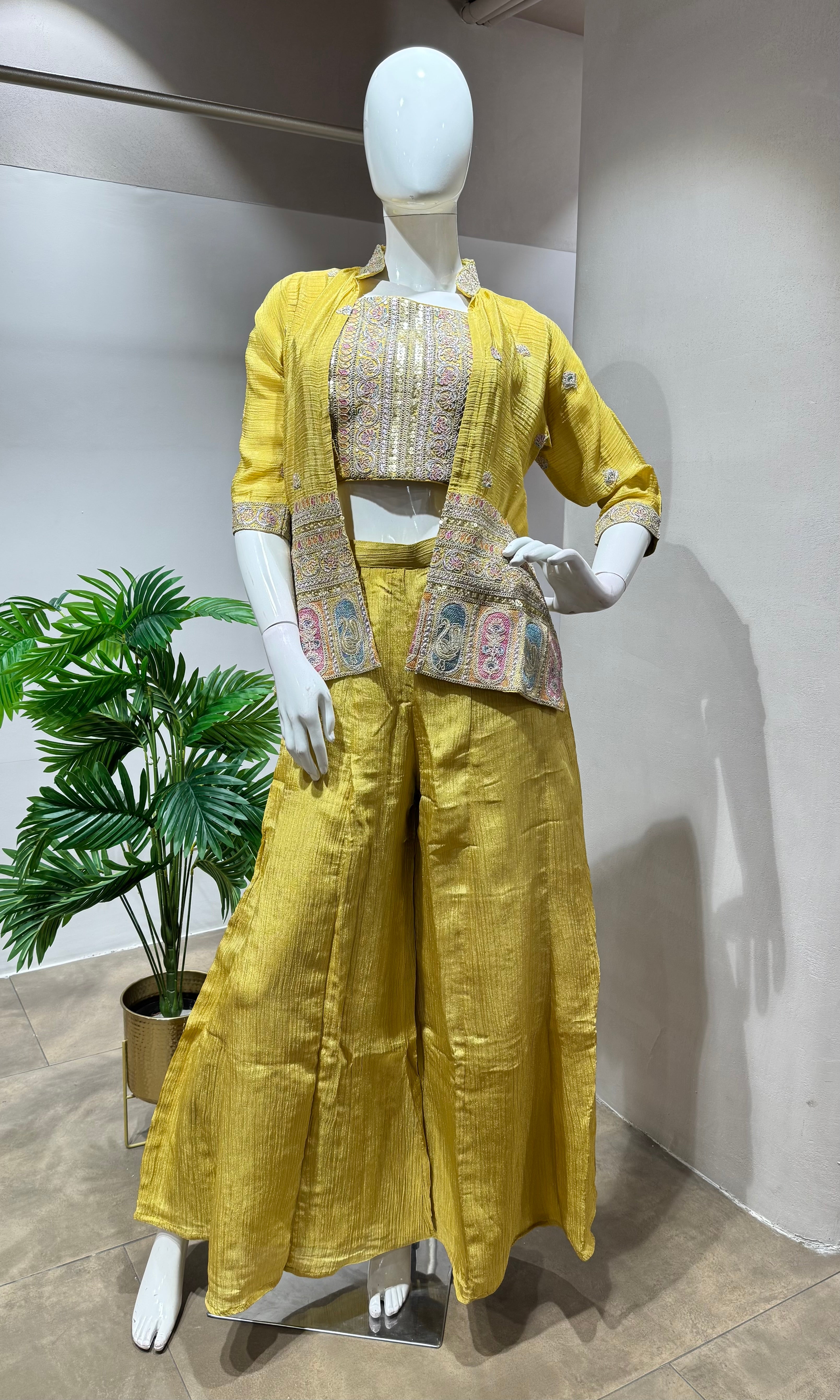 Yellow palazzo with crop top and jacket