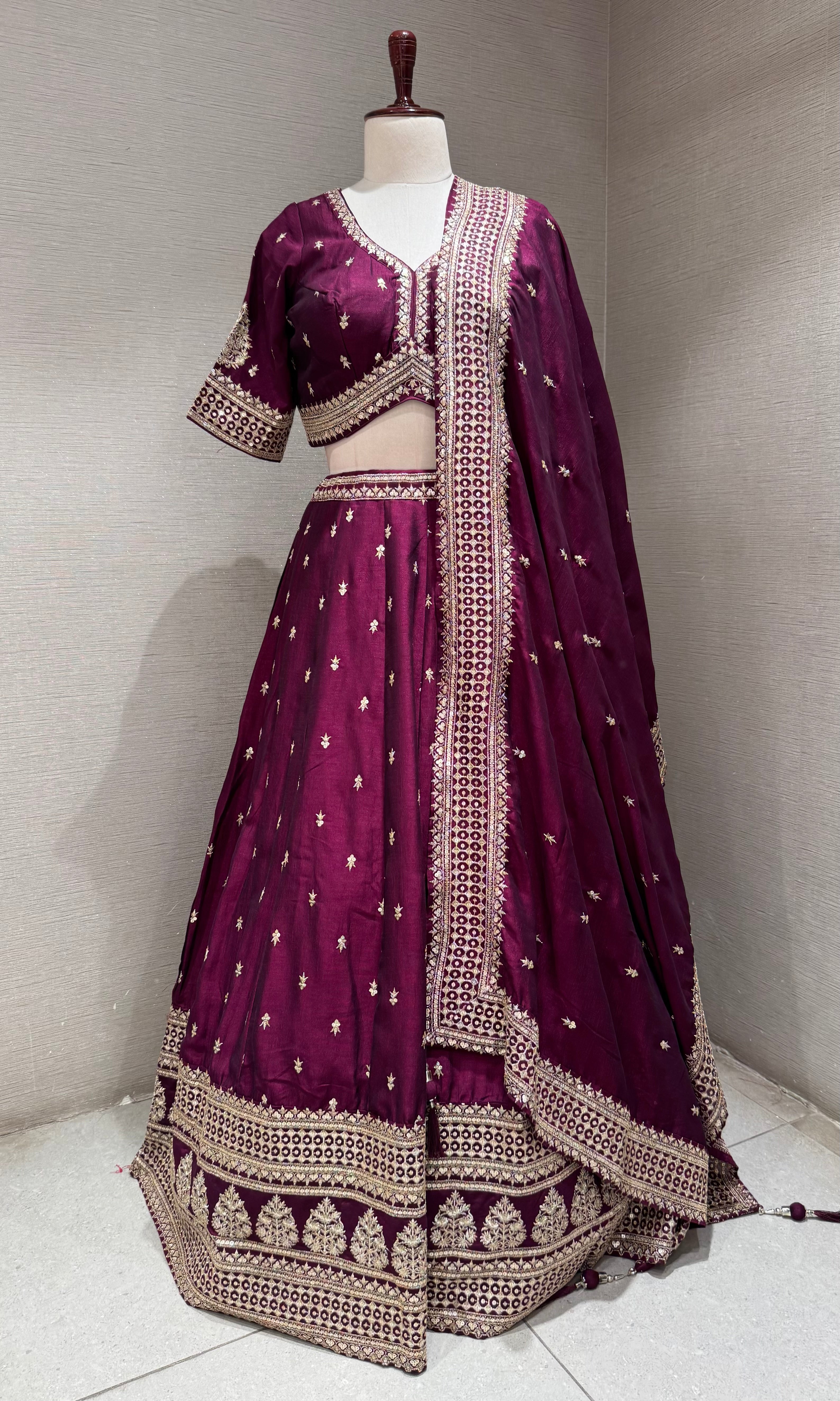 Royal Plum wine Lehenga Choli with Zari Borders