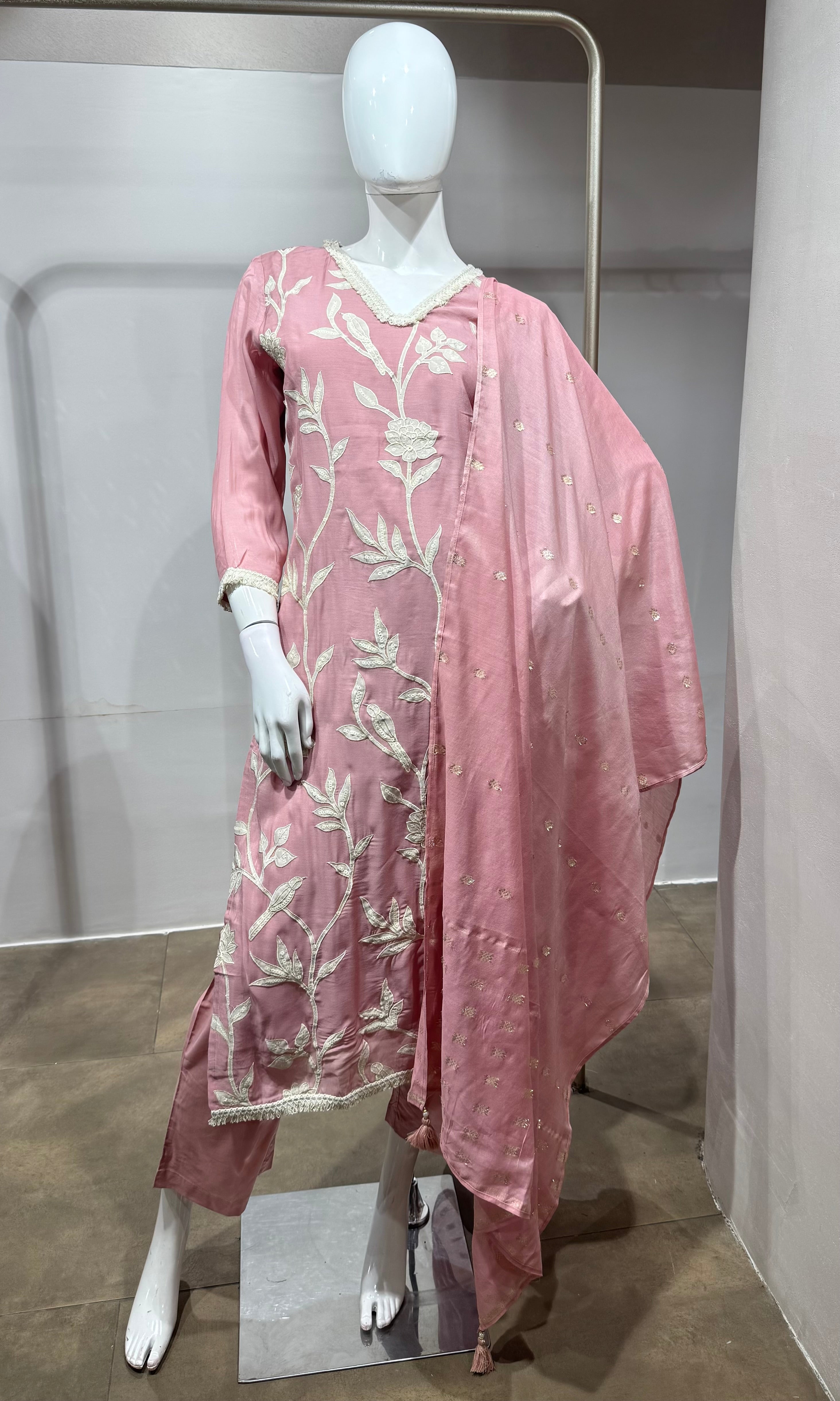 Rose Pink Floral Embroidered Kurta Set