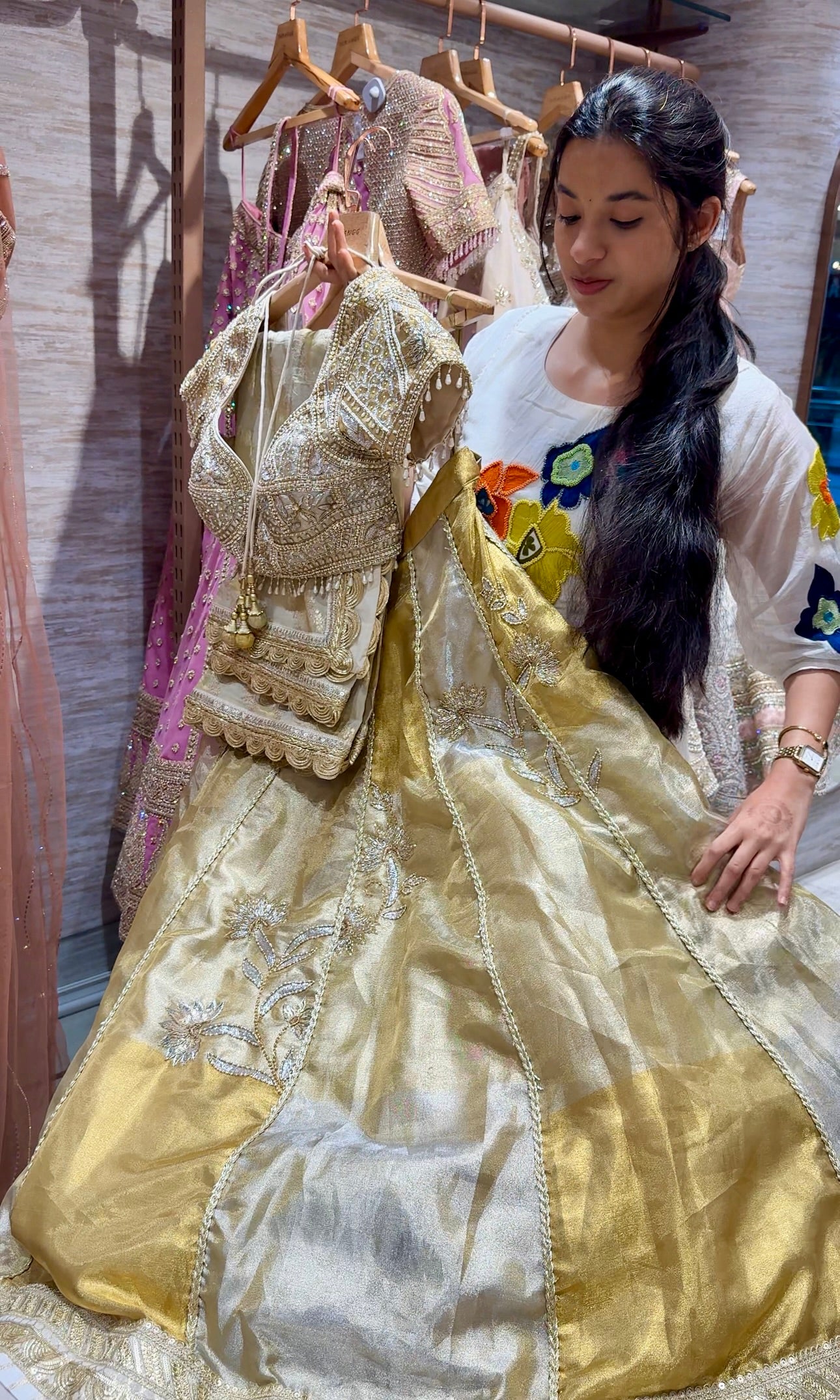 Gold and silver tissue zari lehenga