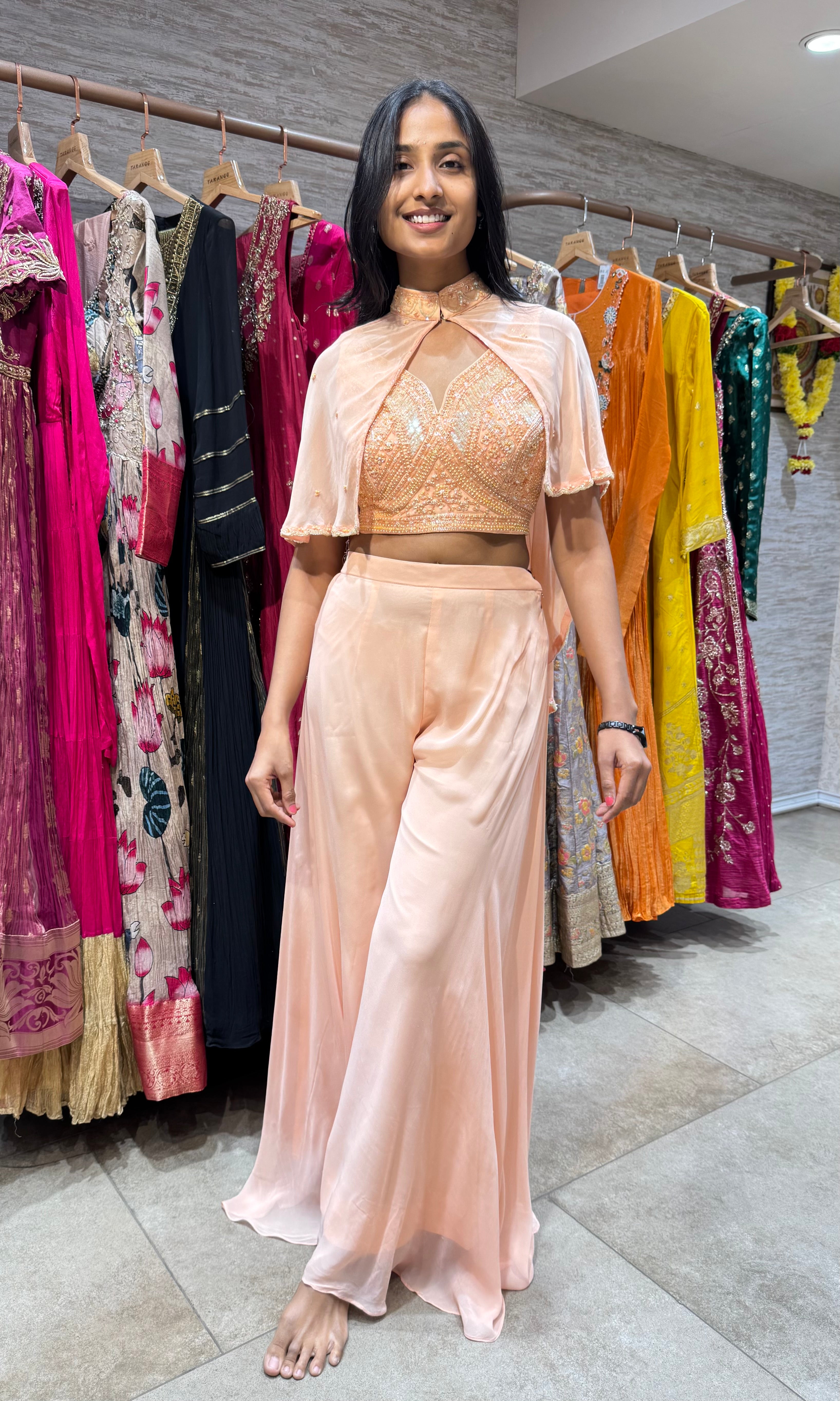 PEACH EMBROIDERED PALAZZO SET WITH CAPE