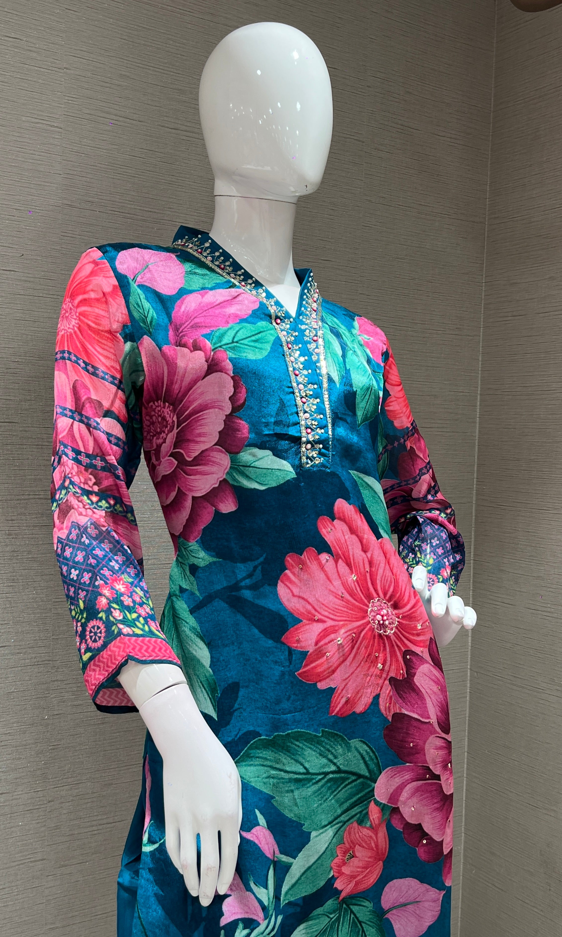 Rama blue floral kurta set