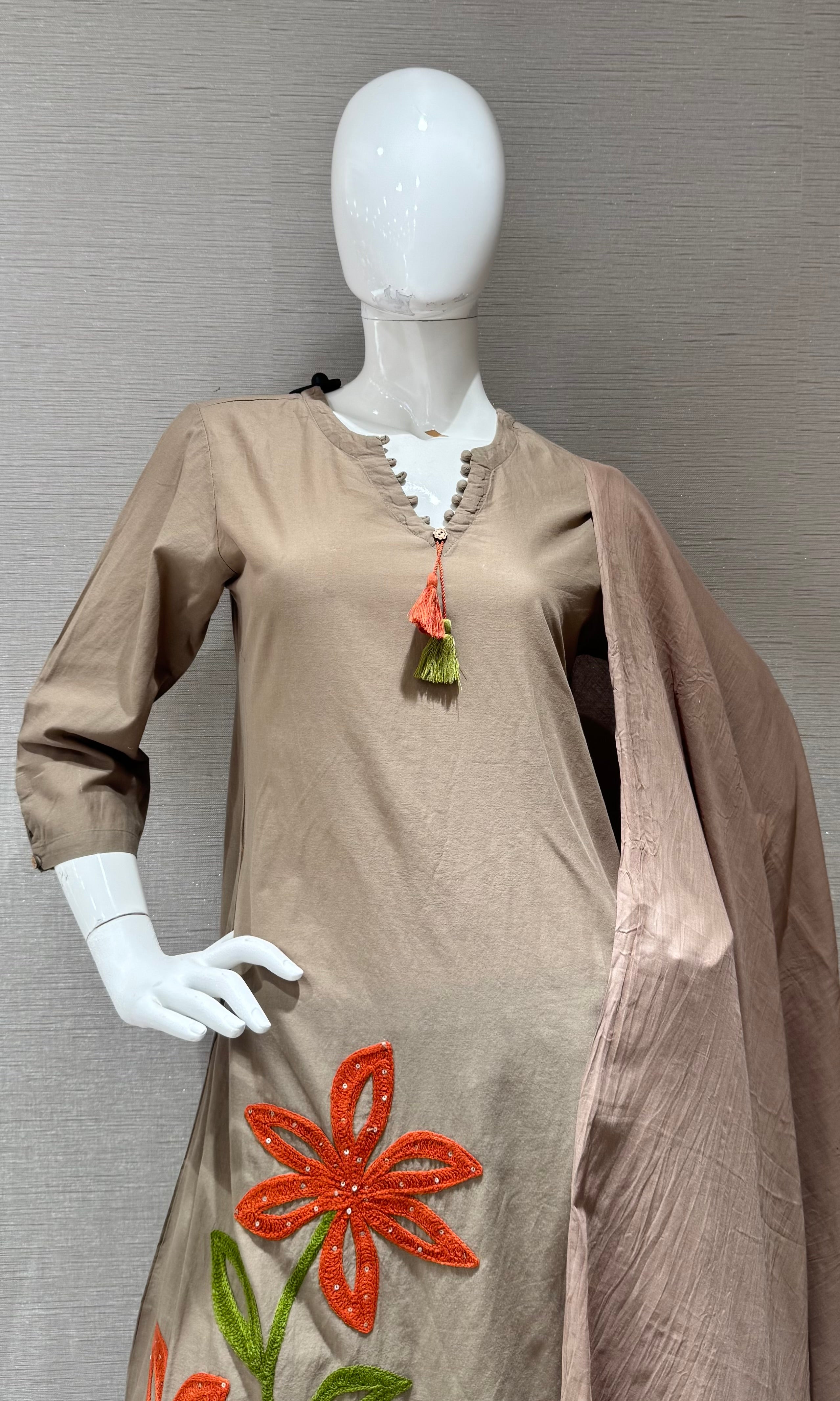 Brown Kurta Set with orange floral embroidery