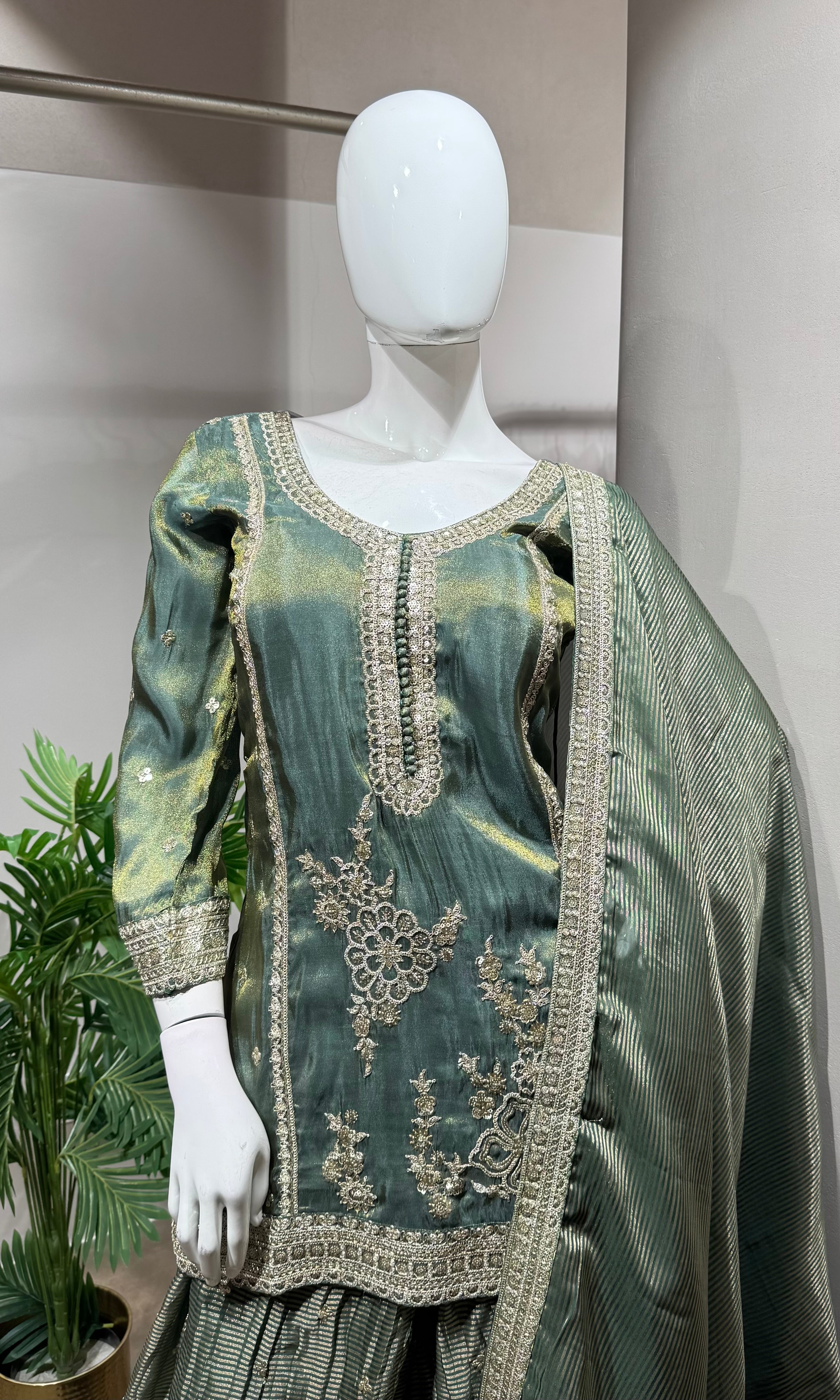 Green Embroidered Silk Sharara Set