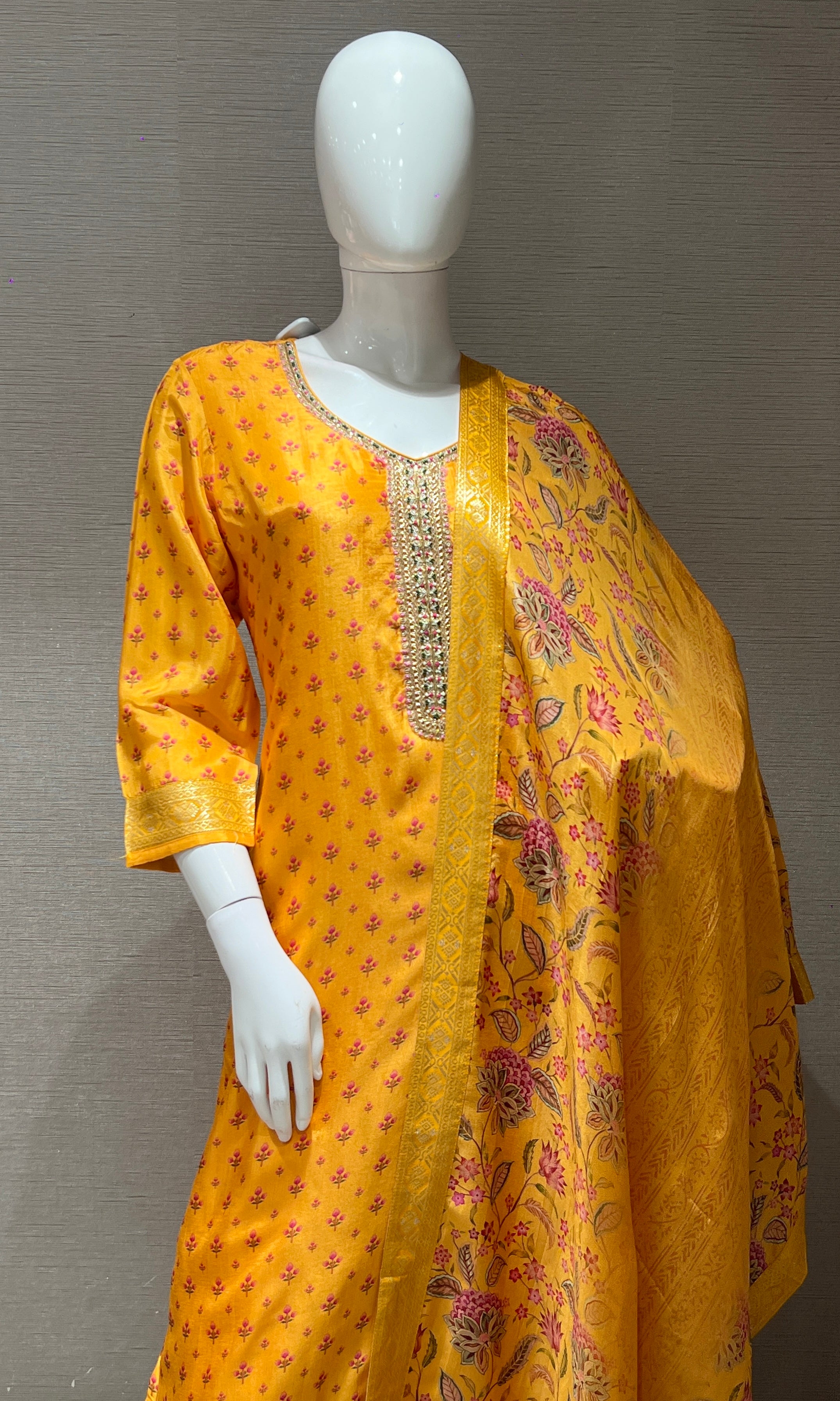 yellow embroidered printed kurta set