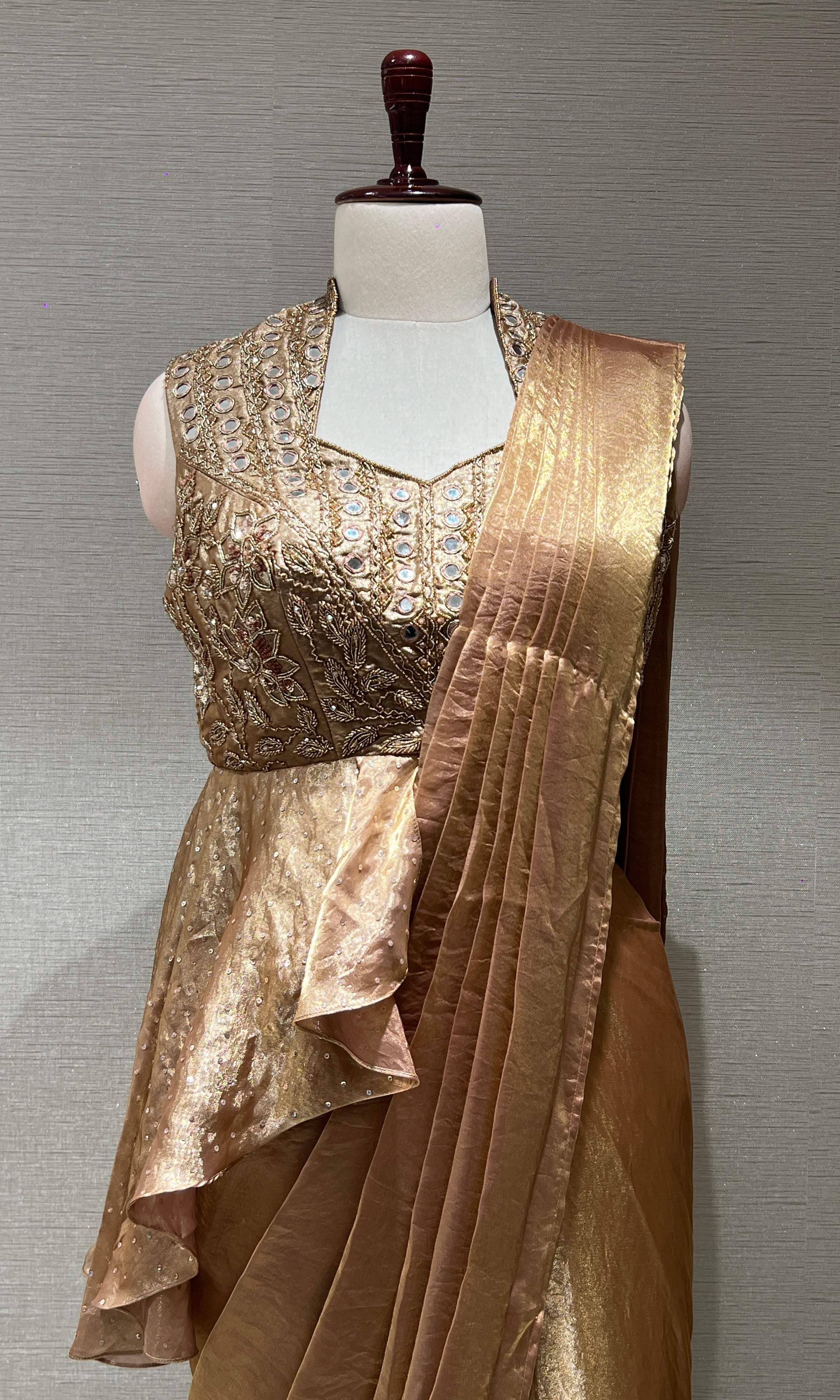 LIGHT BROWN metallic gold draped saree