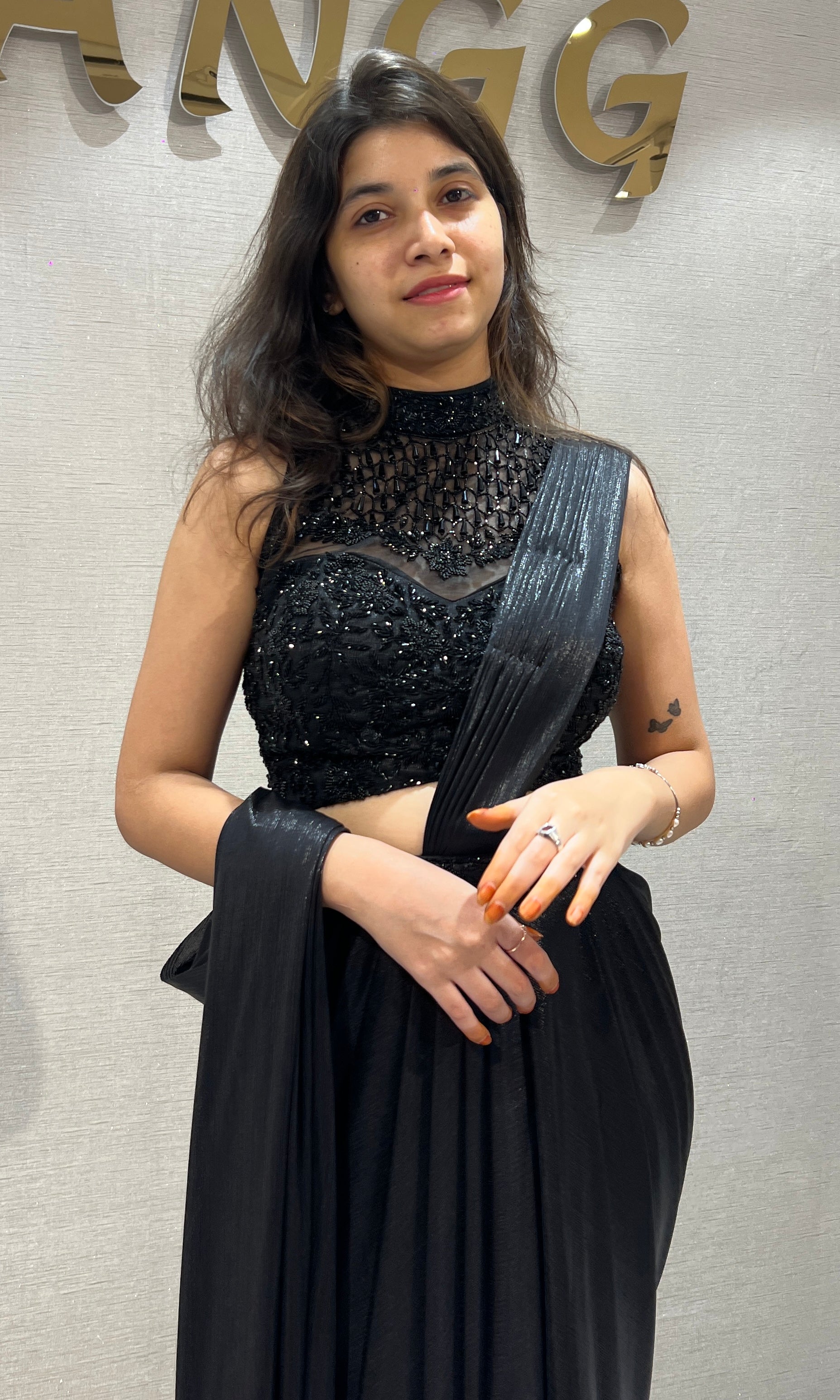 Black Drape Saree with Embellished halter blouse