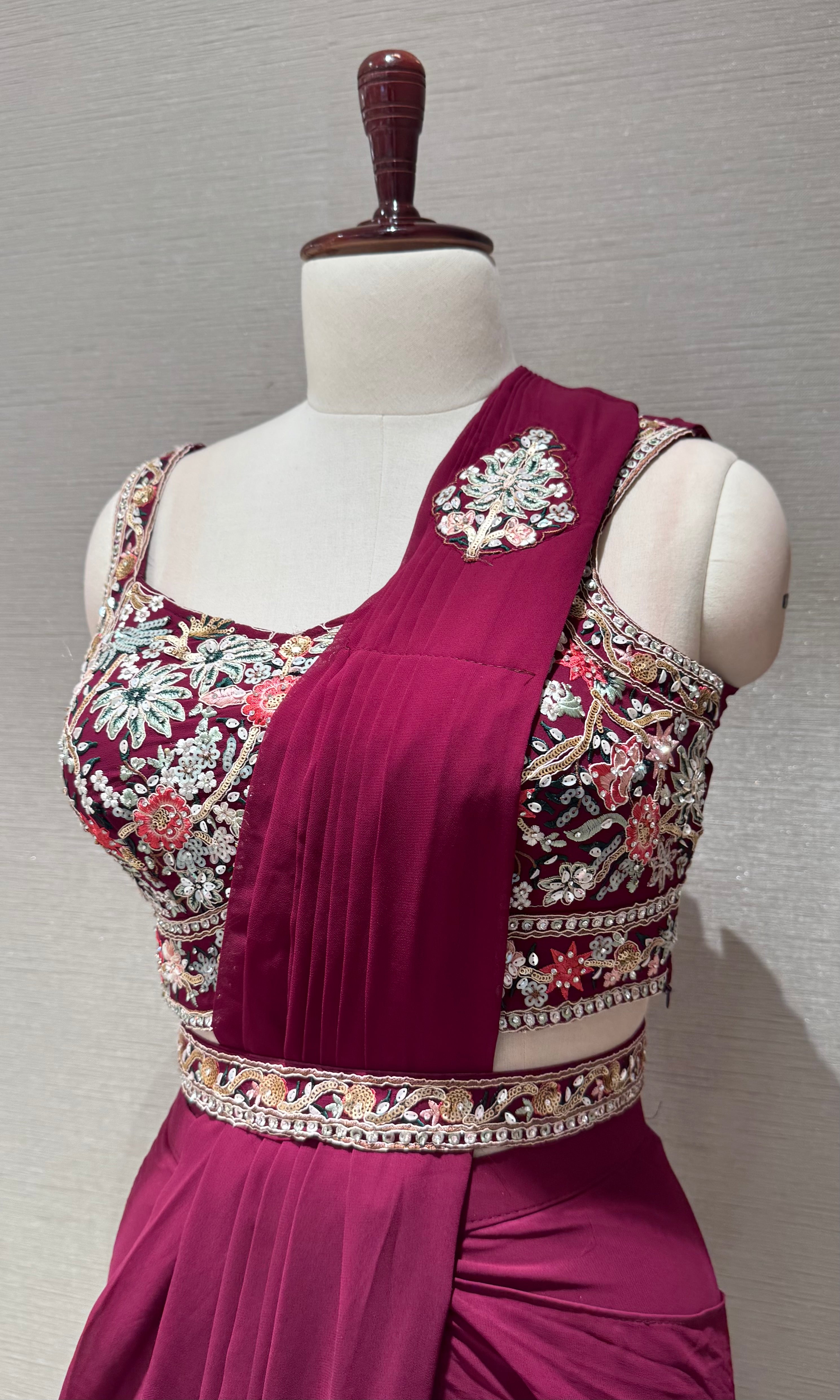 Wine Draped Saree with Floral Embroidered Blouse & Belt