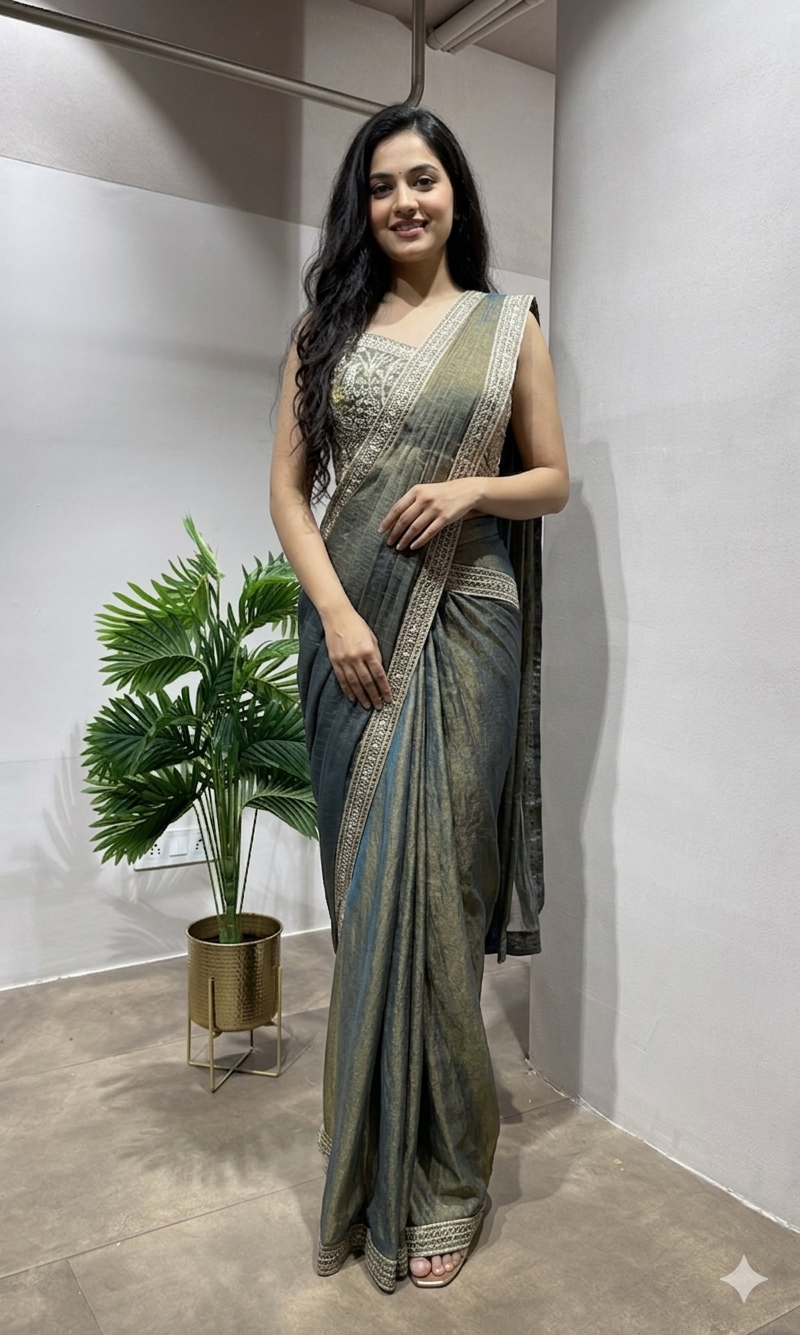 Green and Silver Shimmer drape Saree
